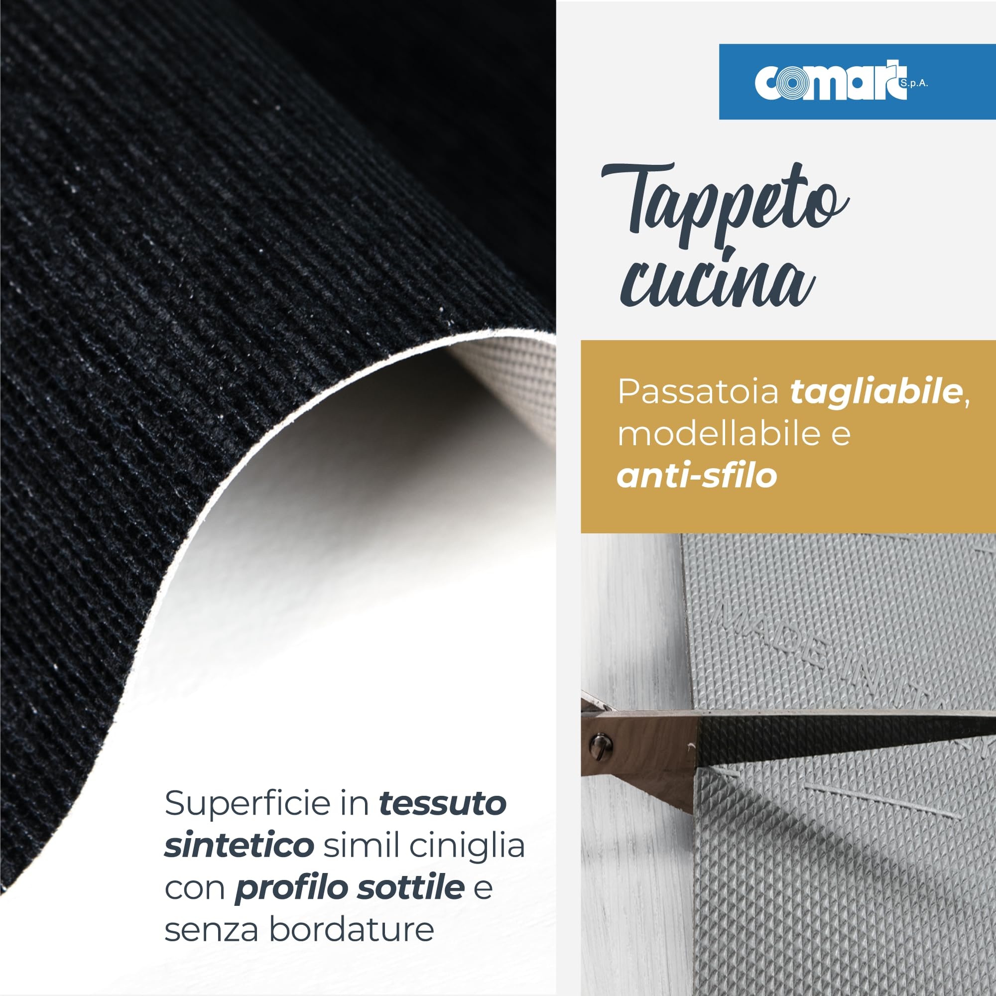 Comart - Tappeto Cucina Nancy - Antiscivolo - Lavabile in Lavatrice - Moderna Passatoia in Ciniglia - Runner per Corridoio e Cucina - Morbido e Resistente - Made in Italy - Nero - 50x130 cm