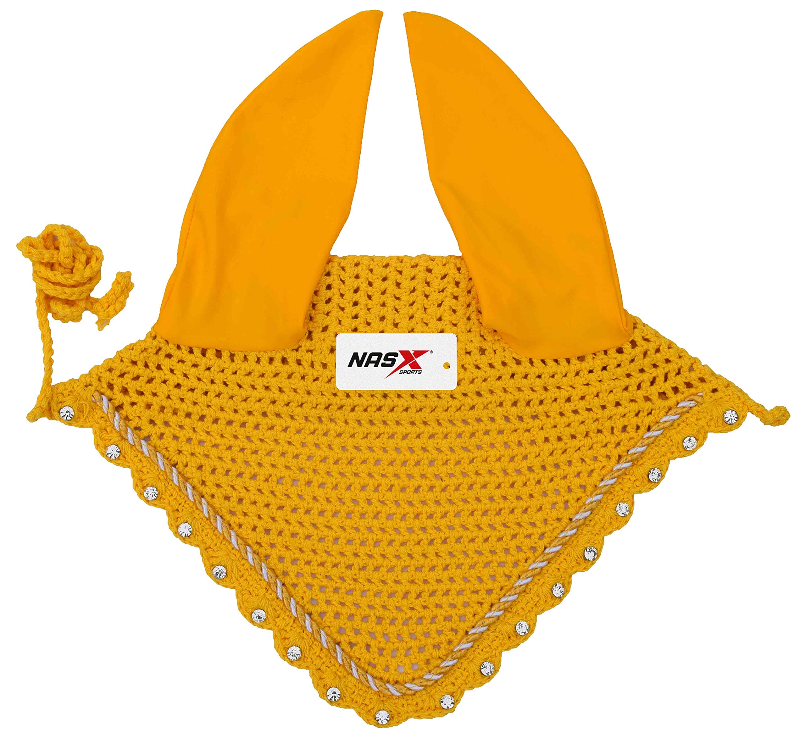 Diamante Crystal Horse Fly Hood Veil Ear Bonnet Flyveil Cotton Crochet Handmade Glitter (FULL, Yellow)