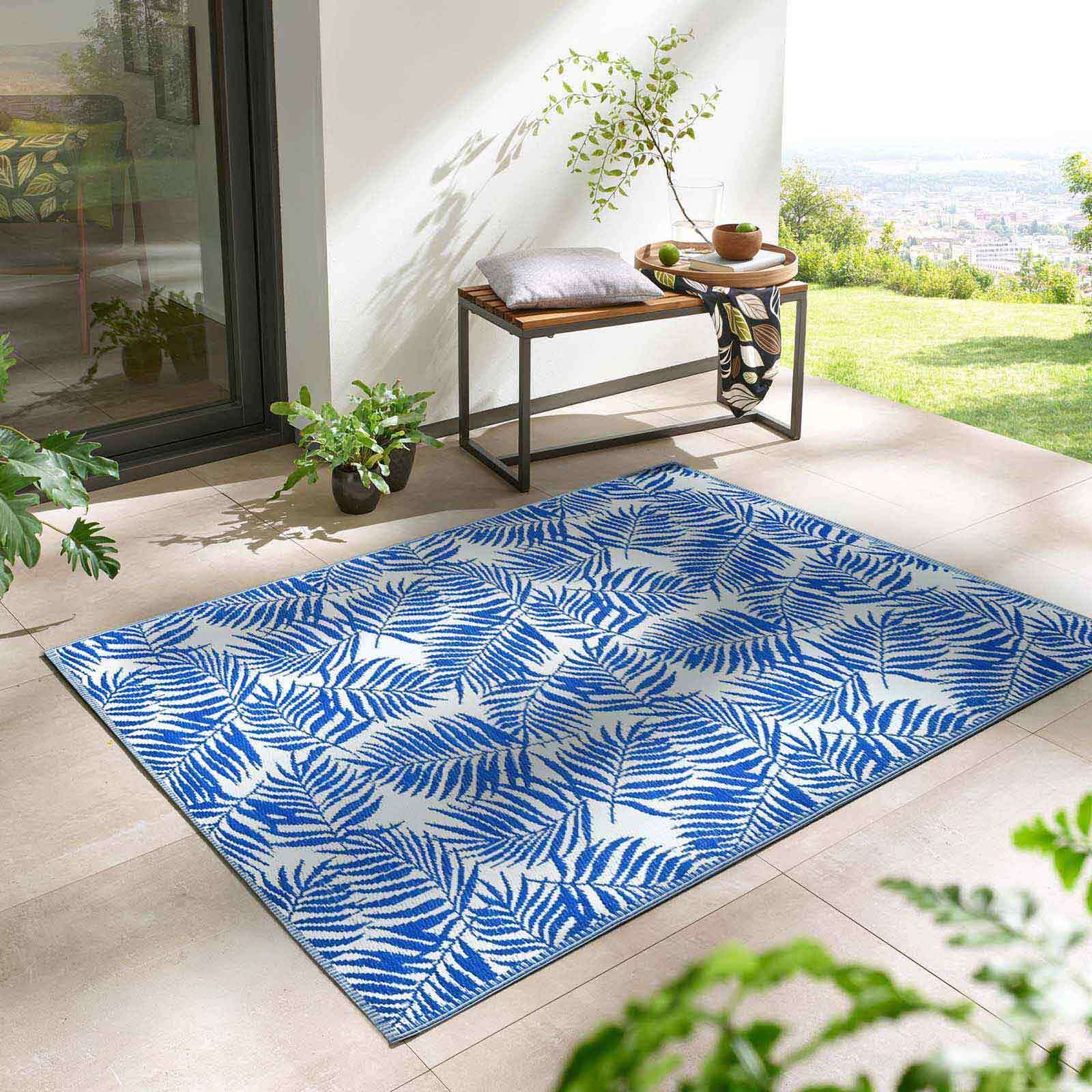 Taracarpet Outdoor Kurzflor Teppich Santa Monica wetterfest, wasserfest, rechteckig, Höhe: 3 mm, Balkon Garten Terrasse Camping Wintergarten blau-weiß Palme 140x200 cm