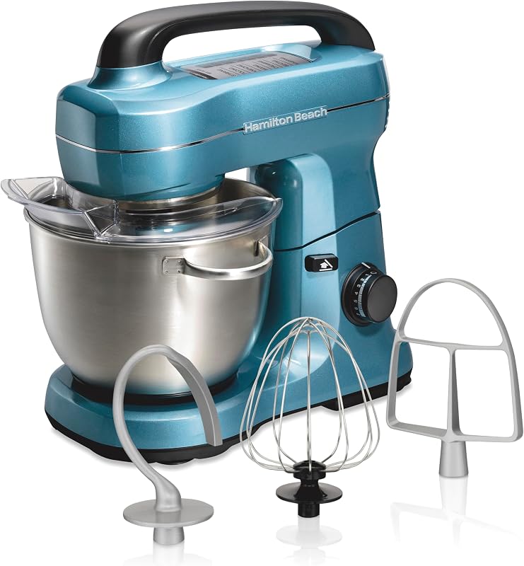 4 Qt Electric Stand Mixer With 7 Speeds, Easy-Carry Handle | Planetary Mixing For Full Bowl Coverage | Splash Guard | 300 Watts | Whisk, Flat Beater, Dough Hook | Mixing Guide | Blue