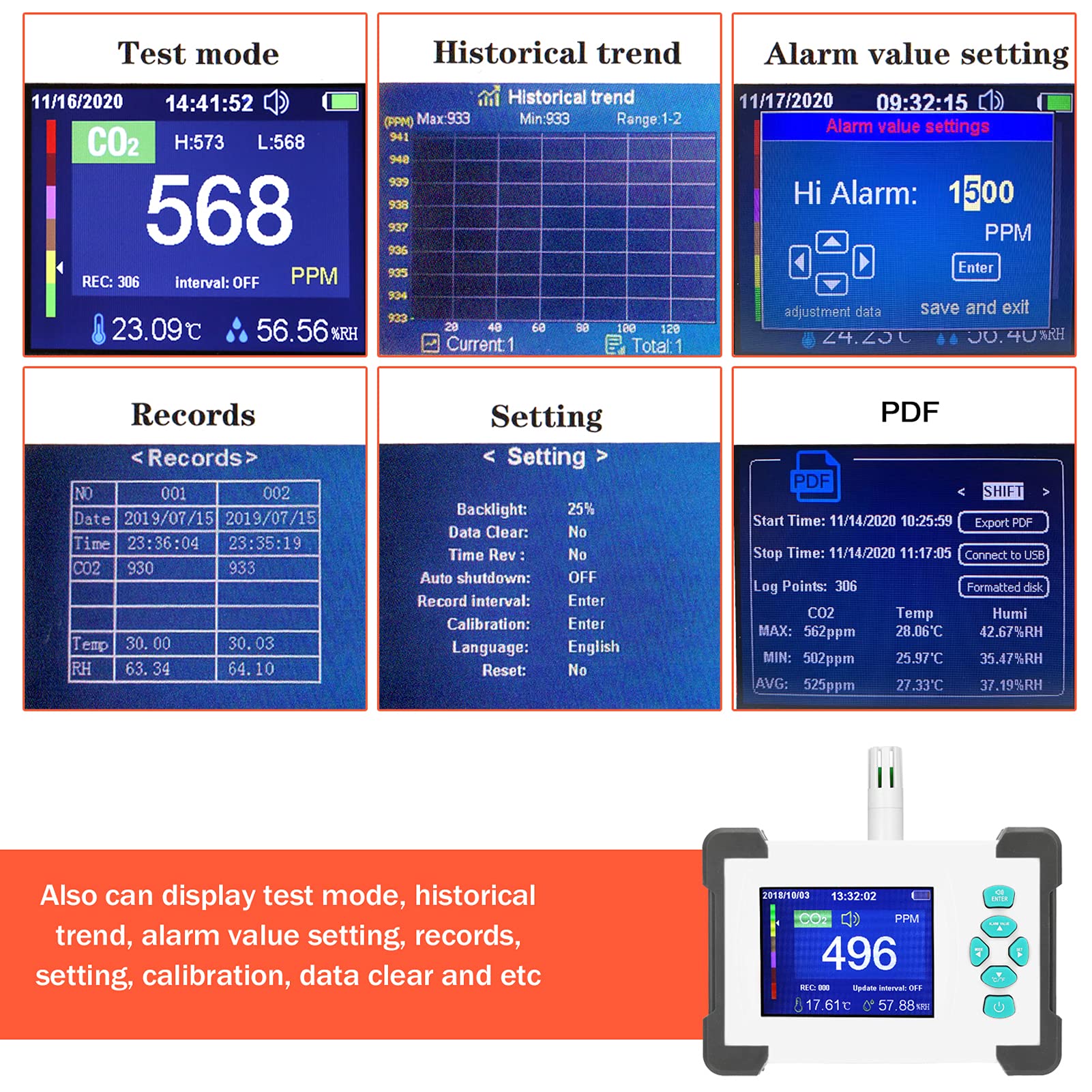 Kohlendioxid Detektor, Luftqualität Messgerät CO2 Meter Luftfeuchtigkeitstemperatur-Tester ℃ / ℉ Umschaltbarer Luftqualitätsmonitor + PDF-Exportdatenfunktion(B)