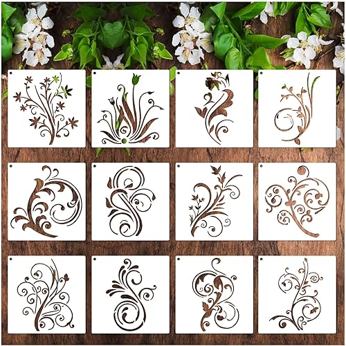 yhslmh Plantillas florales para pintar en pared de muebles de madera, lienzo reutilizable, plantilla de remolinos de flores para manualidades,