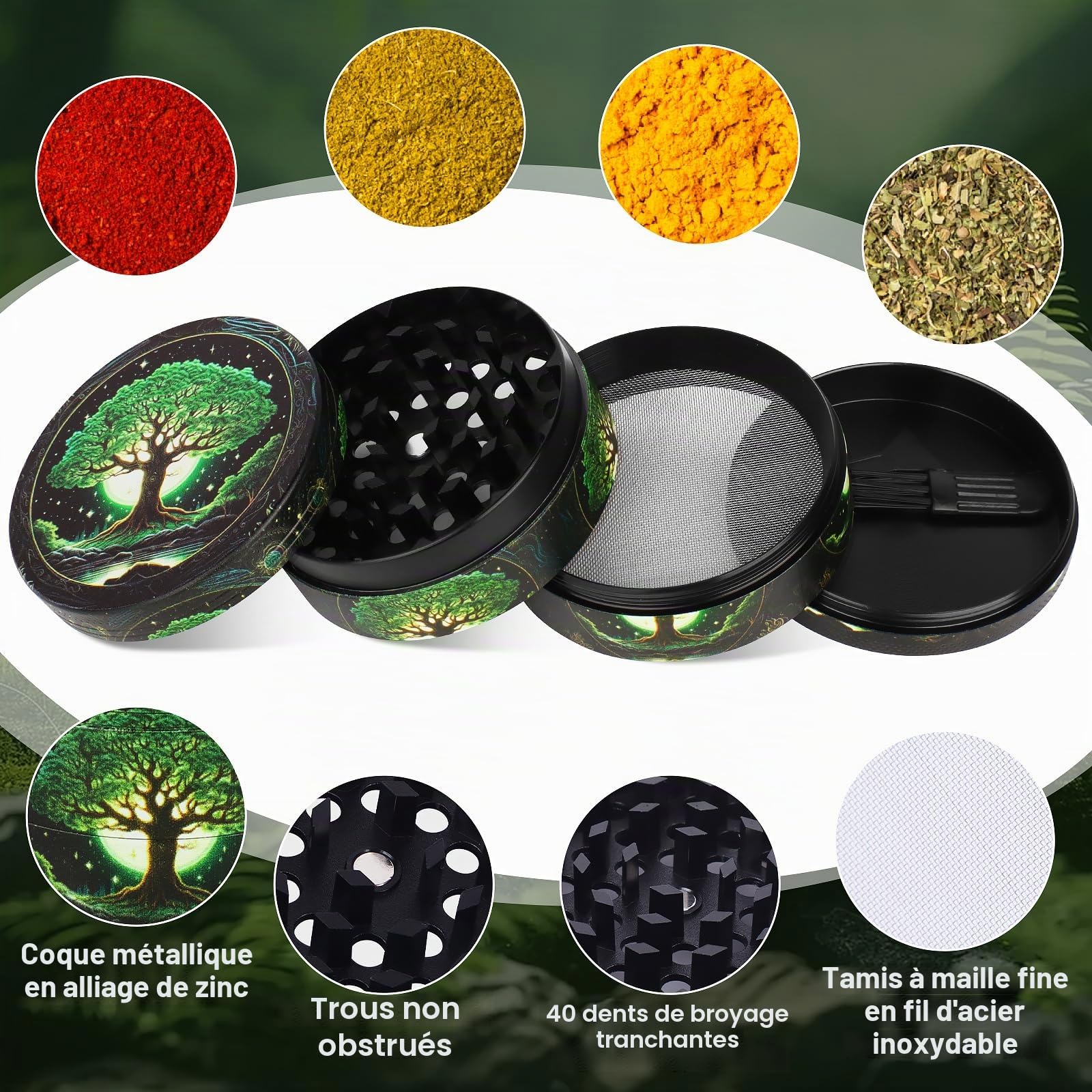Grinder Grand broyeur 63 mm 40 dents de broyage Moulin à épices avec motif arbre en métal Lot de 4 pièces pour épices, épices, pollen