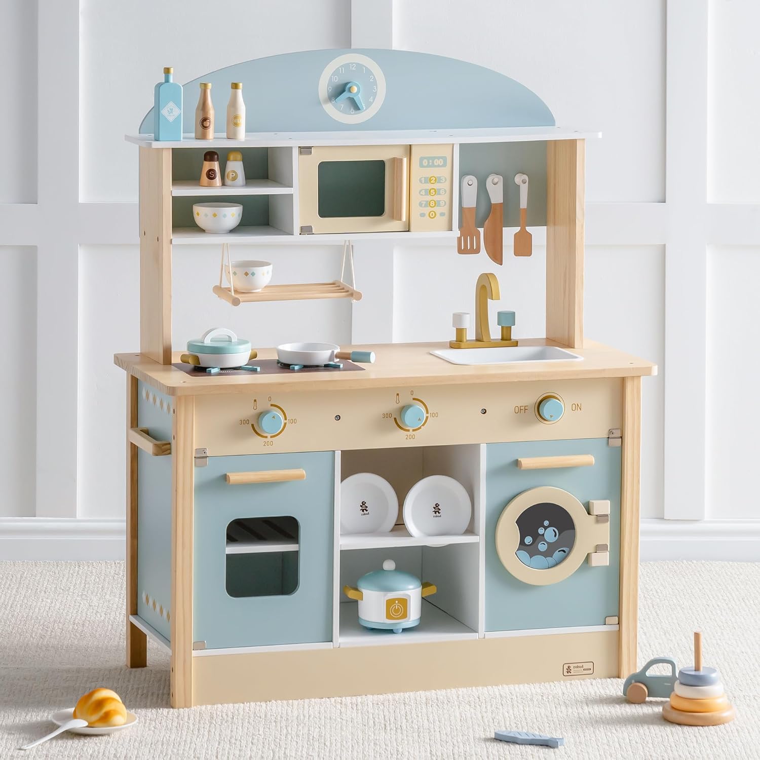 ROBUD Wooden Play Kitchen Set for Kids Toddlers, Toy Kitchen Gift for Boys Girls, Age 3+