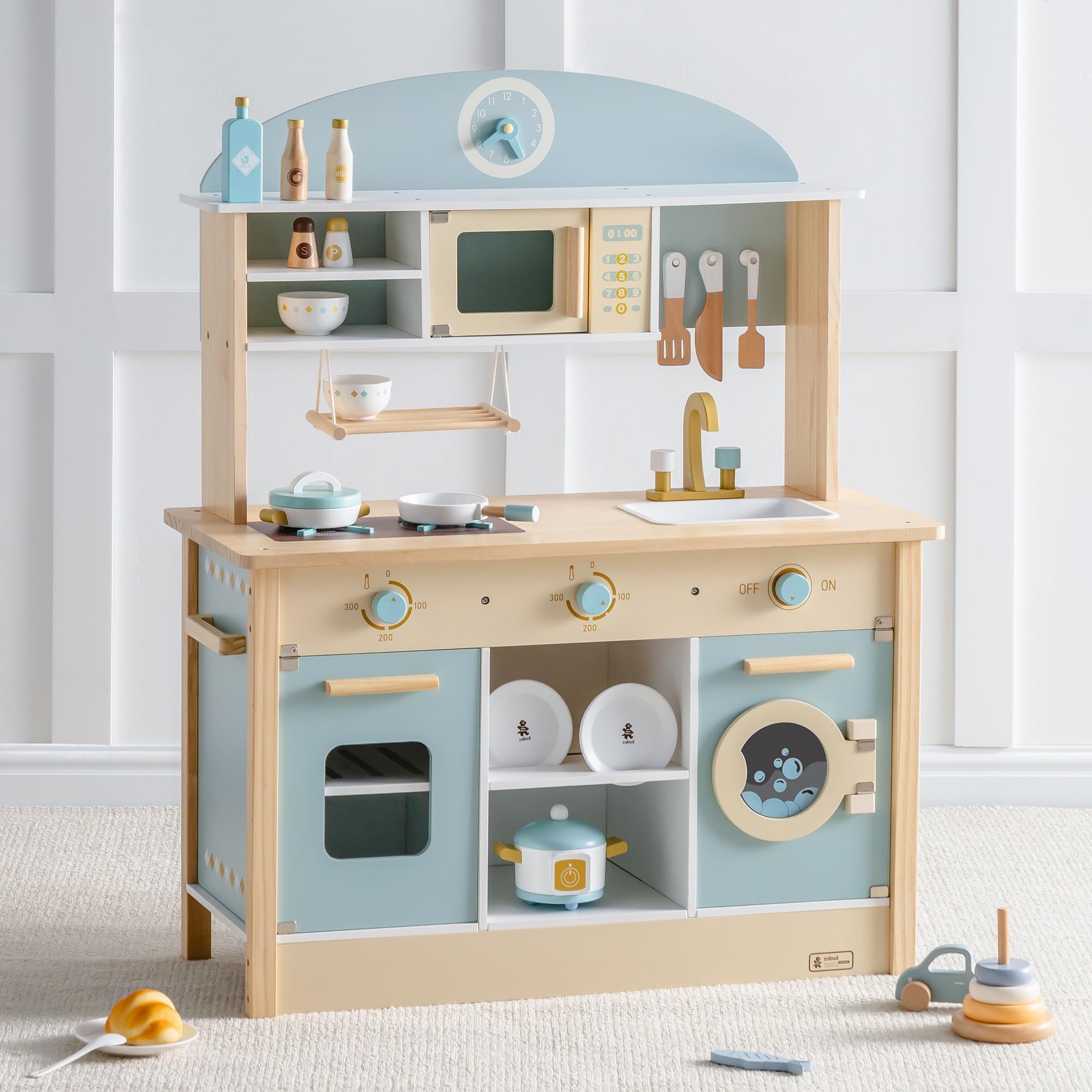 ROBUD Wooden Play Kitchen Set for Kids Toddlers, Toy Kitchen Gift for Boys Girls, Age 3+