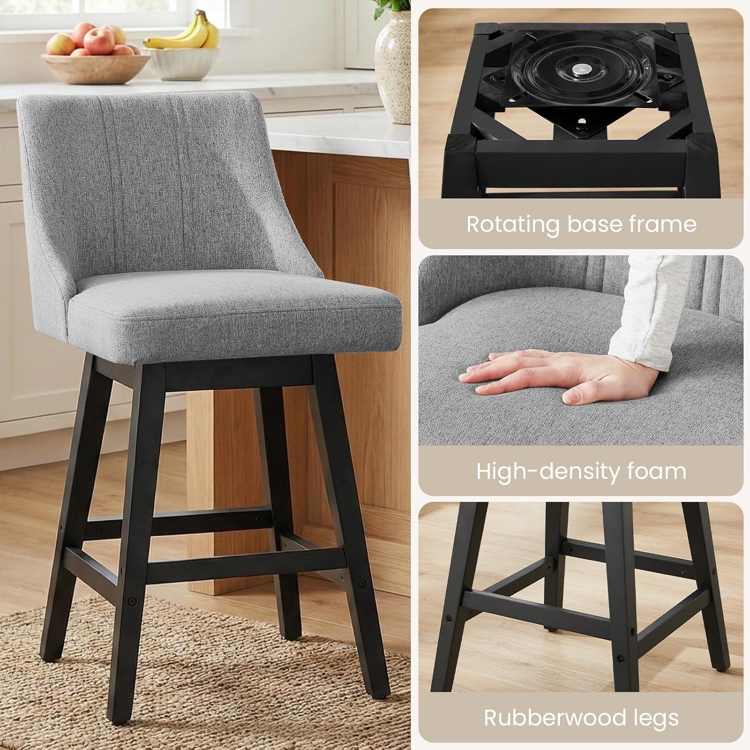 kinmars 27'' Counter Height Bar Stools Set of 4, Swivel Bar Stools with Backs, Modern Fabric Bar Stools for Kitchen Island, Solid Wood Legs, Adjustable Feet (Fabric - Dark Gray, Set of 4-27" H)