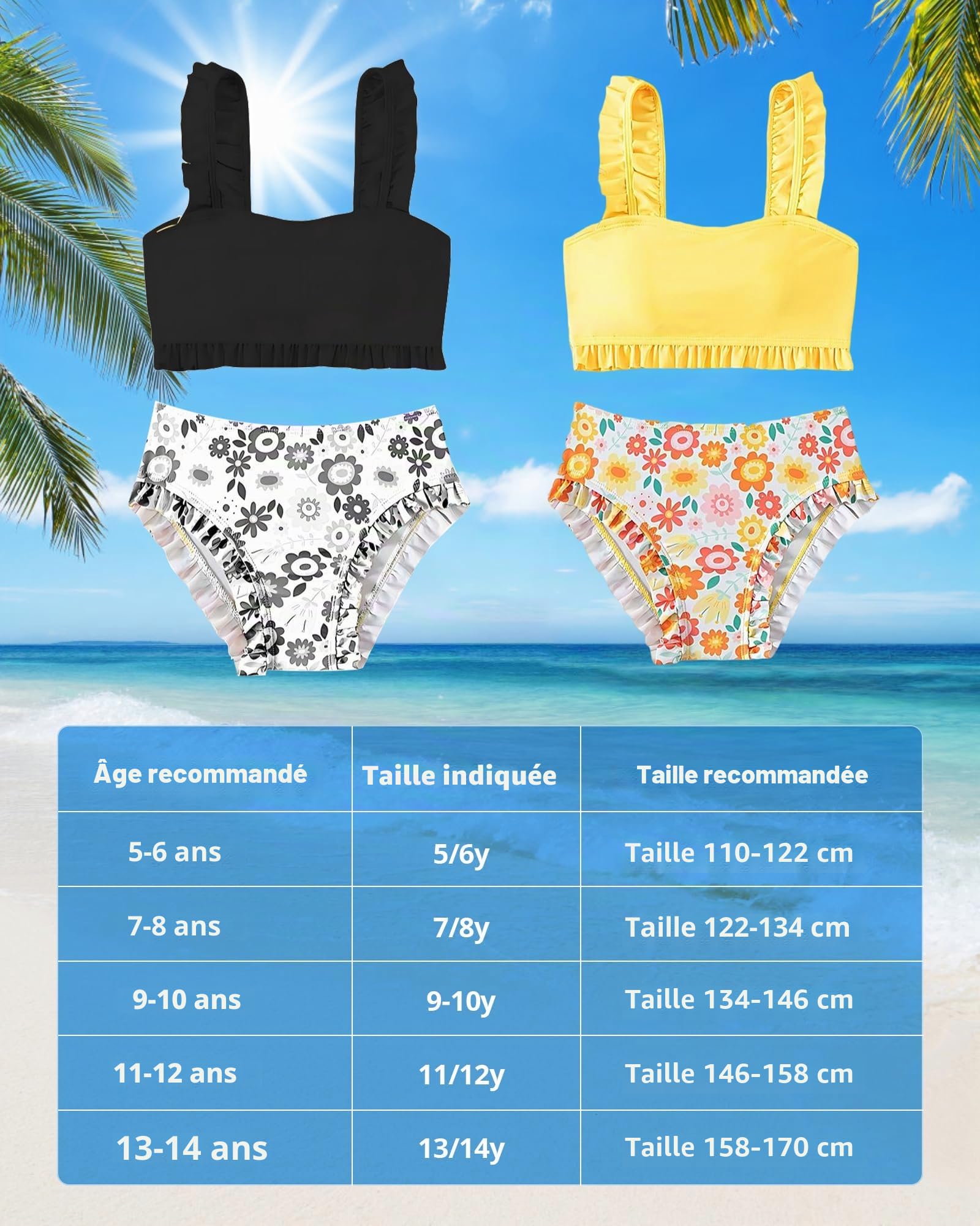 Bikini Fille, Maillot 2 Pièces 5–14 Ans, Séchage Rapide, Joli Motif Été