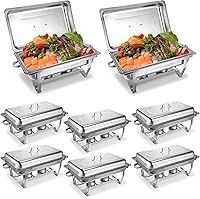 Vista 1 de Juego de 8 platos de bufé de 9 cuartos de galón rectangulares de acero inoxidable con marco plegable, bandeja de agua, bandeja para alimentos