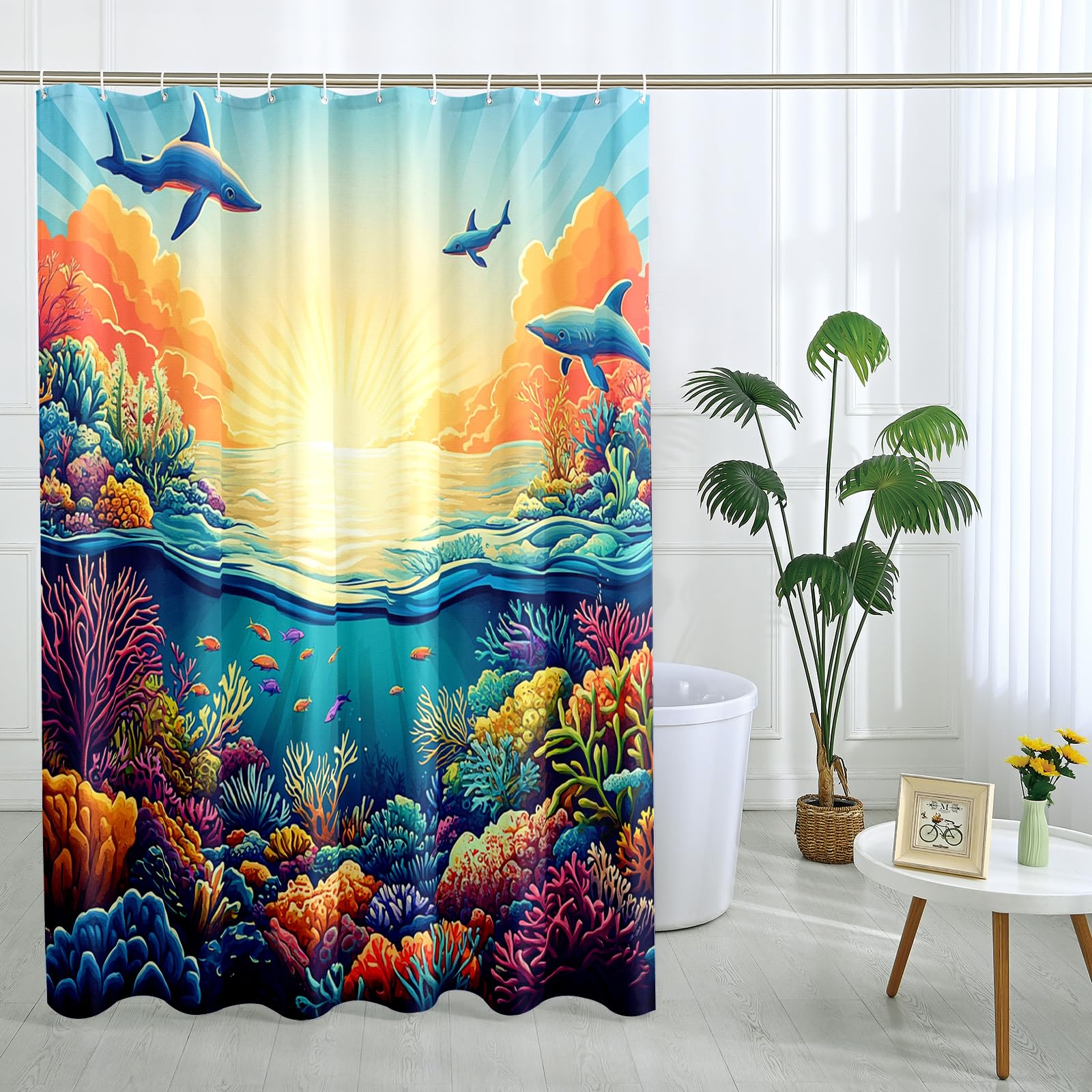 Underwater Scene Shower Curtain, Colorful Ocean Coral Reef Shower Curtain for Bathroom Decor, Summer Vibrant Marine Life Waterproof Fabric Shower Curtain Set with Hooks 72x78 Inch
