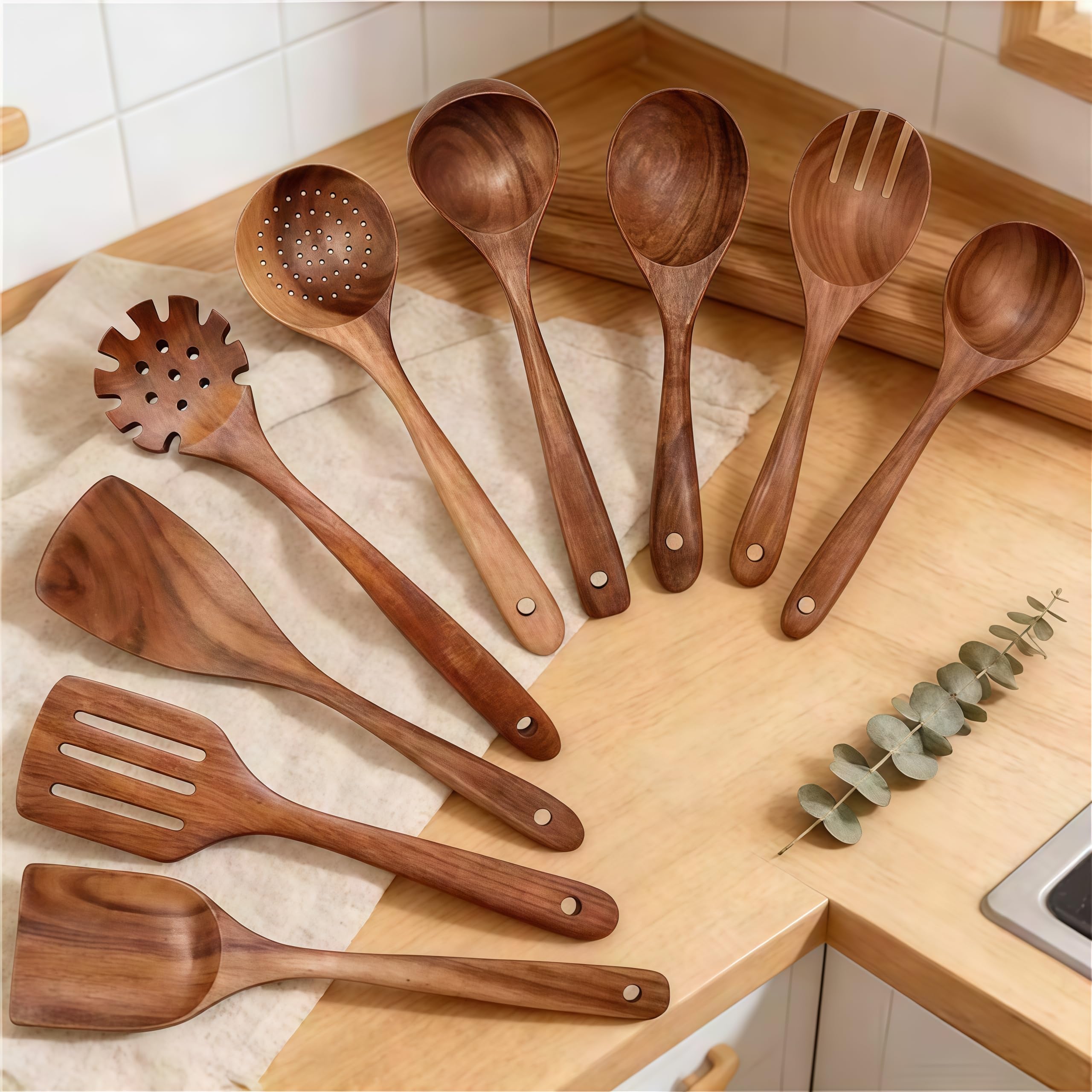 Wooden Cooking Spoons, Cooking Utensils 9 pcs, Natural Teak Wooden Cooking Spatulas, with Utensils Holder, Comfort Grip Wooden Kitchen Utensils, for Nonstick Cookware (9pcs-1)