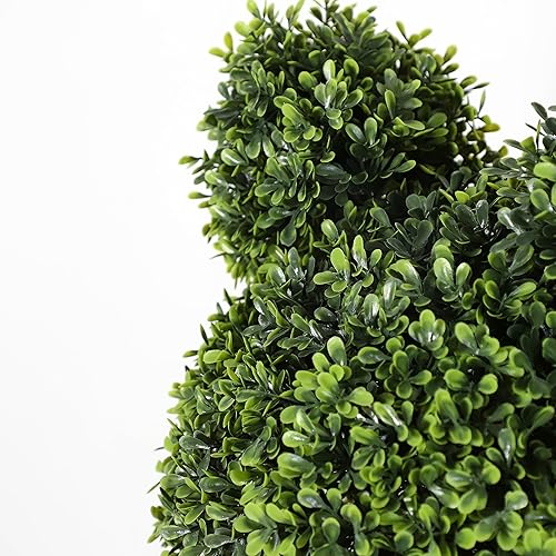 Miniatura 7 de Juego de 2 bolas topiarias de boj artificial en forma de oso, 23 pulgadas de alto, arbustos resistentes a los rayos UV, lavabo de plástico blanco