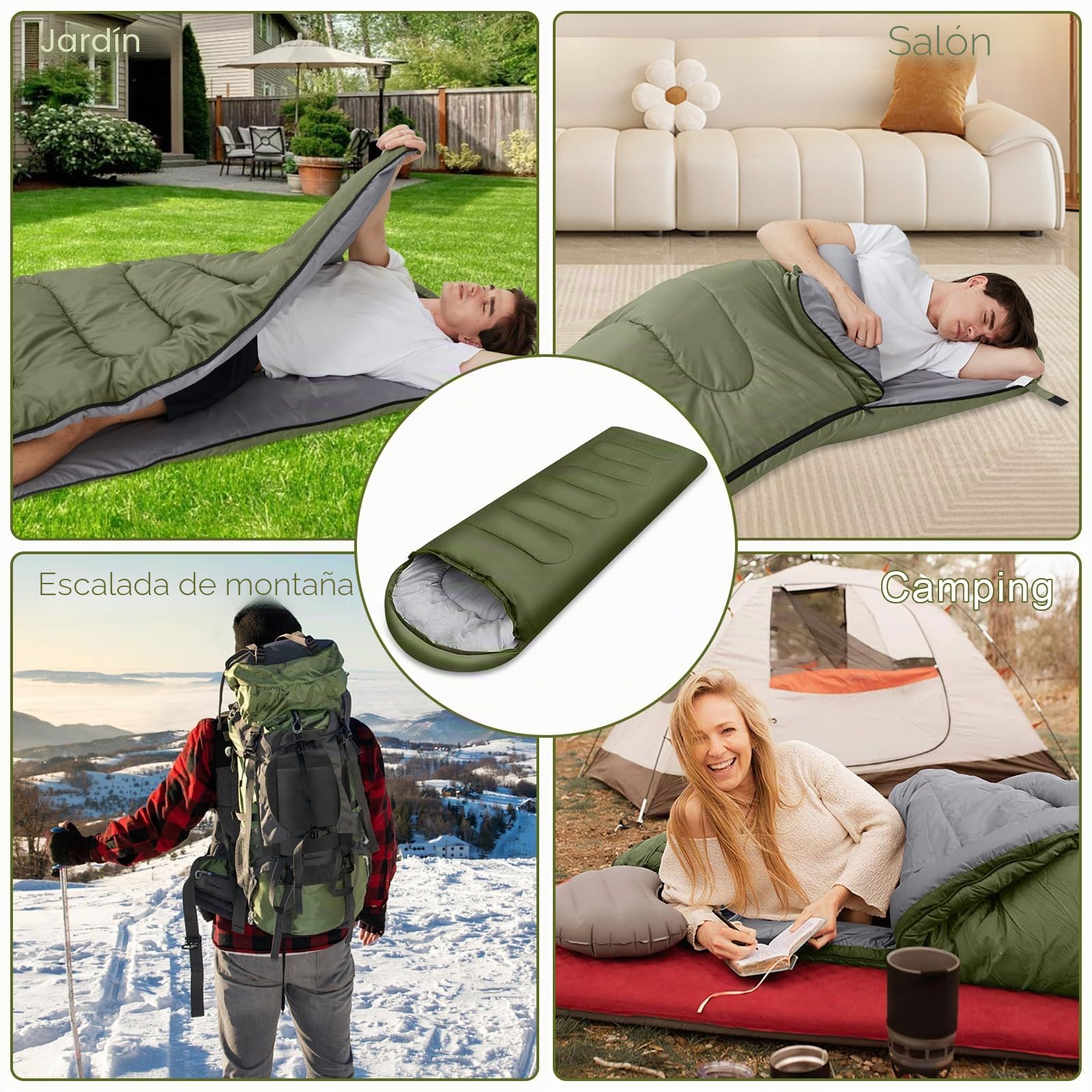 AQXONG Saco de Dormir Verde, 220x85cm Saco de Dormir de 3 Estaciones, Impermeable con Bolsa de Compresión Portátil para Camping, Senderismo, Actividades al Aire Libre
