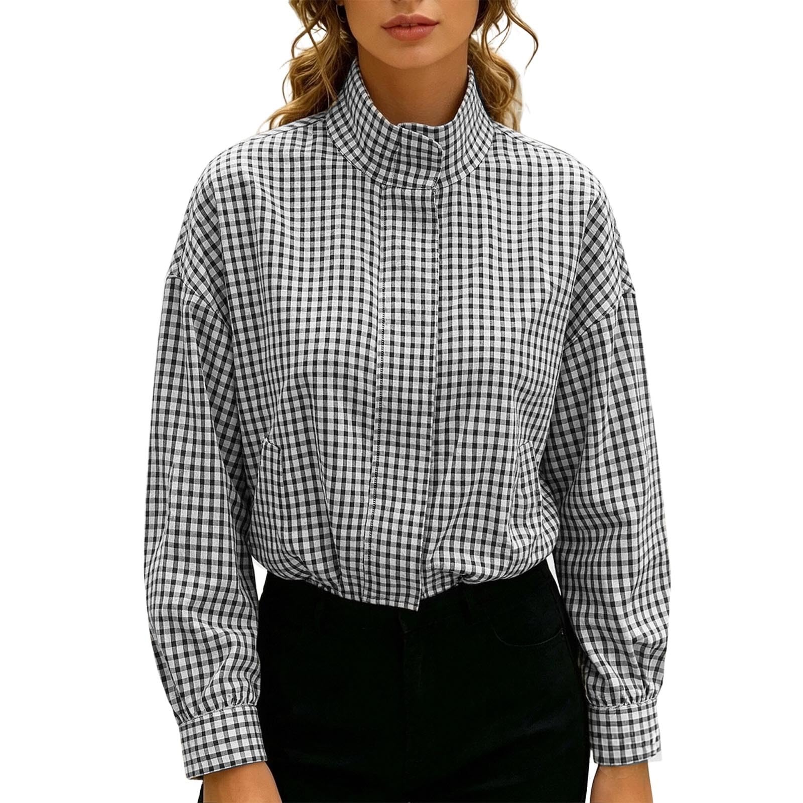 Women's Checked Bomber Jacket Stand-Up Collar Long Sleeve Flight Loose Cut Transition, Leisure Jacket For Autumn, Winter, Tops, Trendy Y2k Streetwear