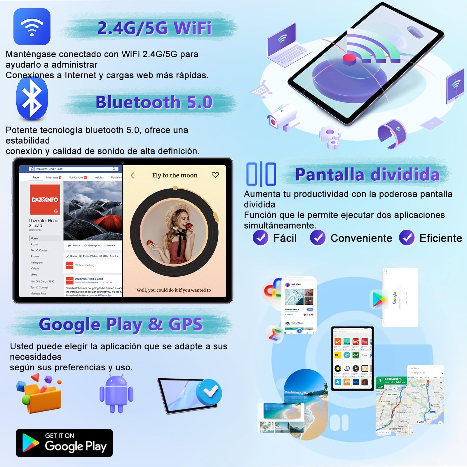 fezawio Android 15 Tablet 10 Pulgadas Gemini AI, Tablet PC Octa-Core, 30 GB RAM + 64 GB ROM (1TB TF), 3.5mm Audio/GMS/WiFi 6 & BT 5.0 / 6000mAh / GPS/Widevine L1, Tableta con Teclado-Morado — view 4