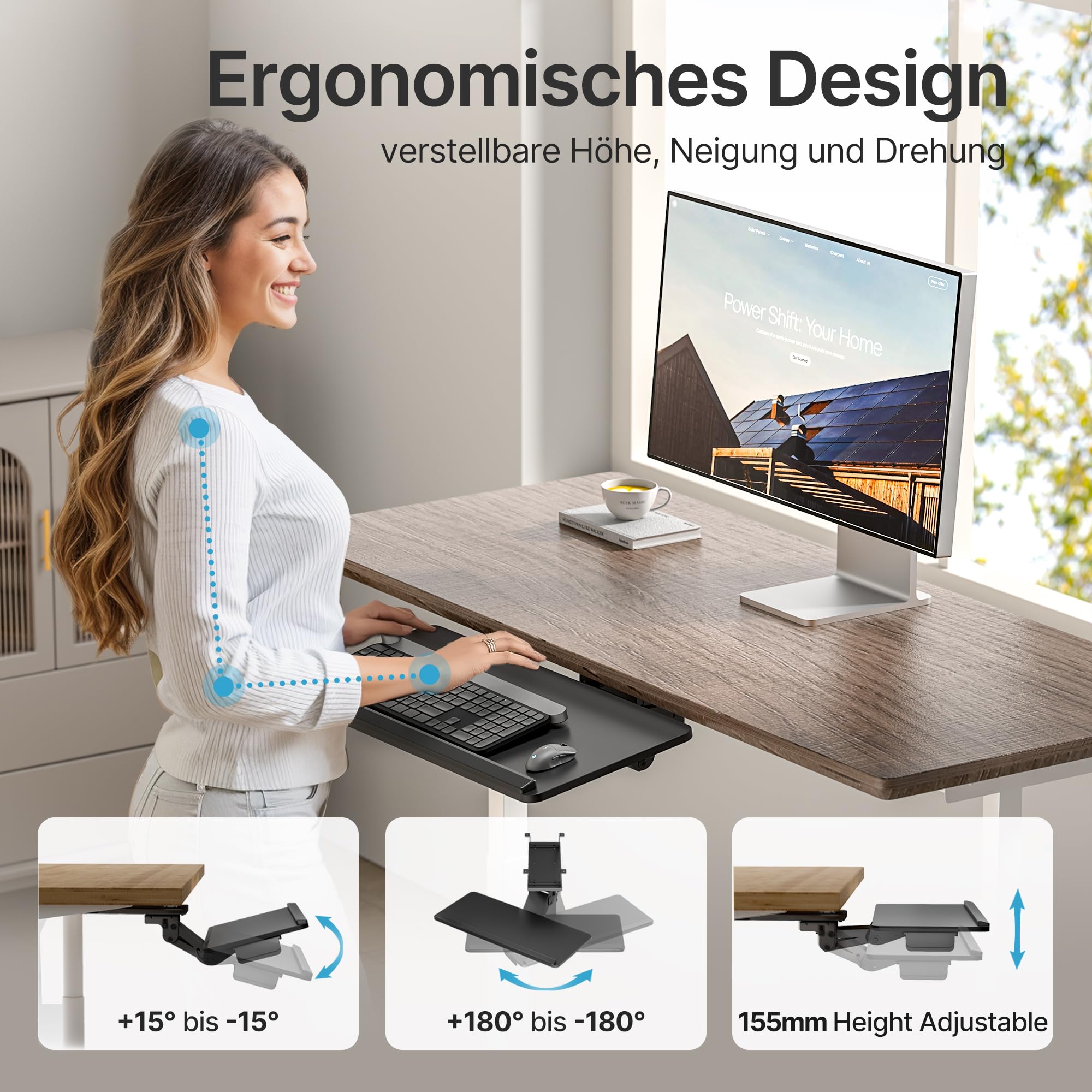 PEGZONE Tastaturablage unter dem Schreibtisch Mit Aufbewahrungsschublade, Große 635 x 270 mm, Ergonomic höhenverstellbare, Schwenk- und neigbare Tastaturablage für Büro, zu Hause