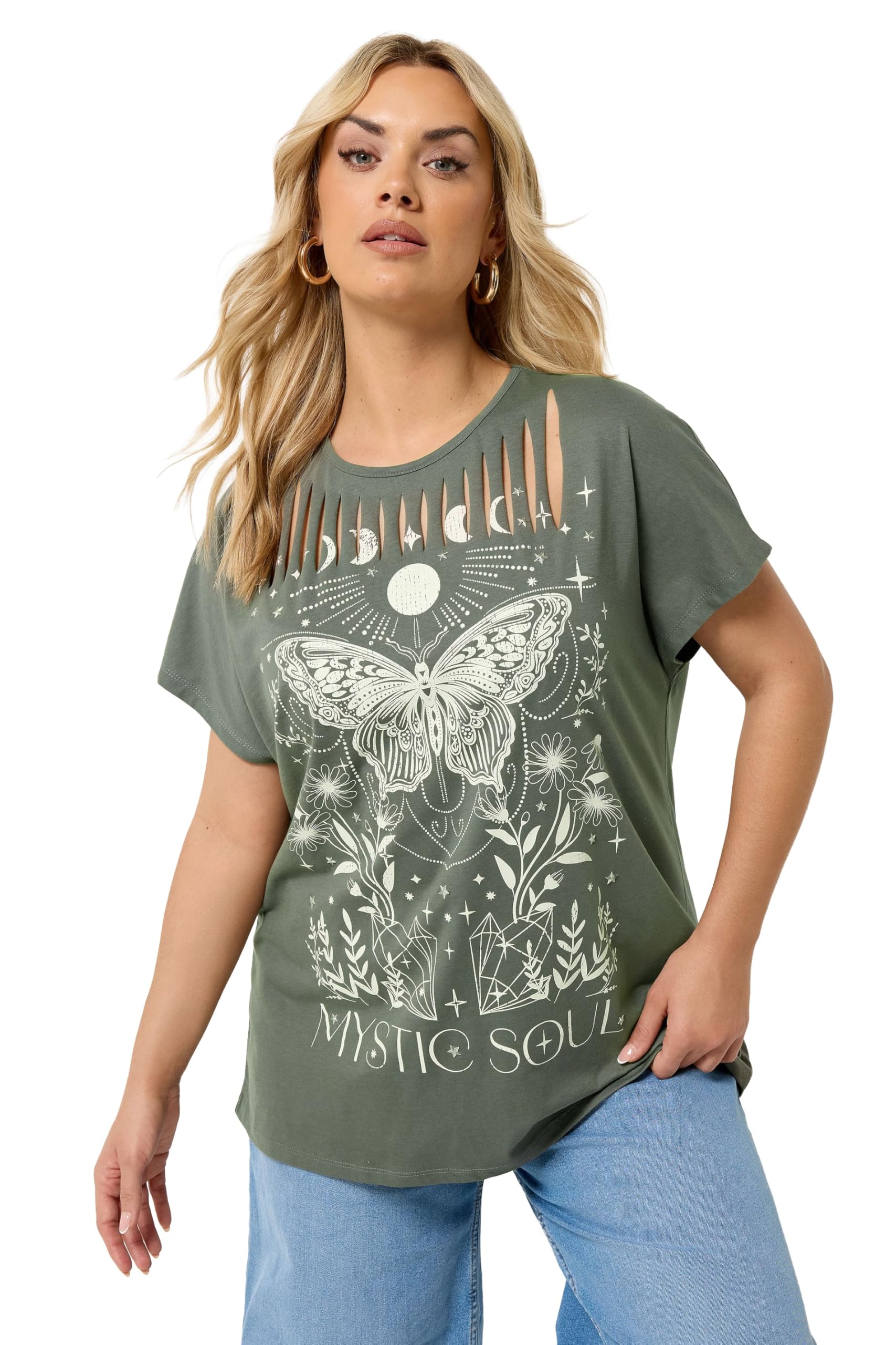 Yours Women's Olive Laser Cut Slogan T-Shirt In Size 20