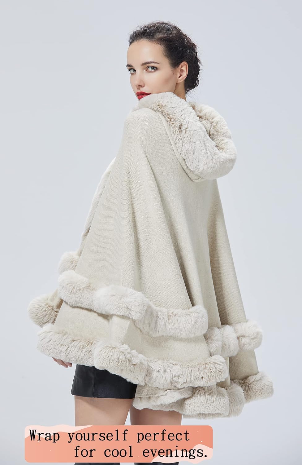 Women Hooded Poncho Cape Faux Fur Shawl Wrap with Fur Trim Sleeveless Cardigan Dressy Cloak Fashion Tops Coat - Image 5