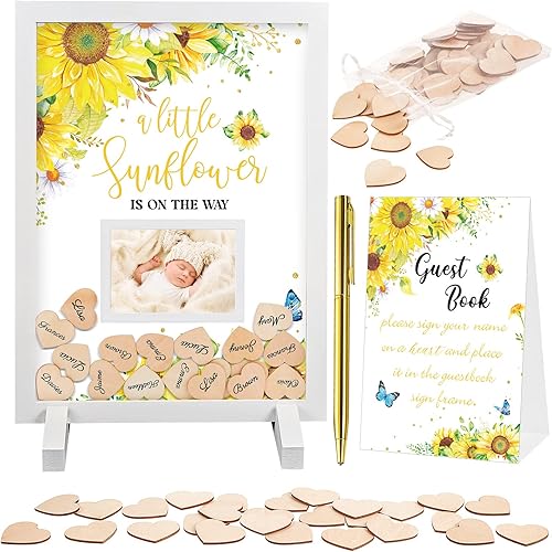 Chunful 65 piezas de decoración de girasol para baby shower, libro de invitados alternativo para baby shower, letrero naranja para baby shower,