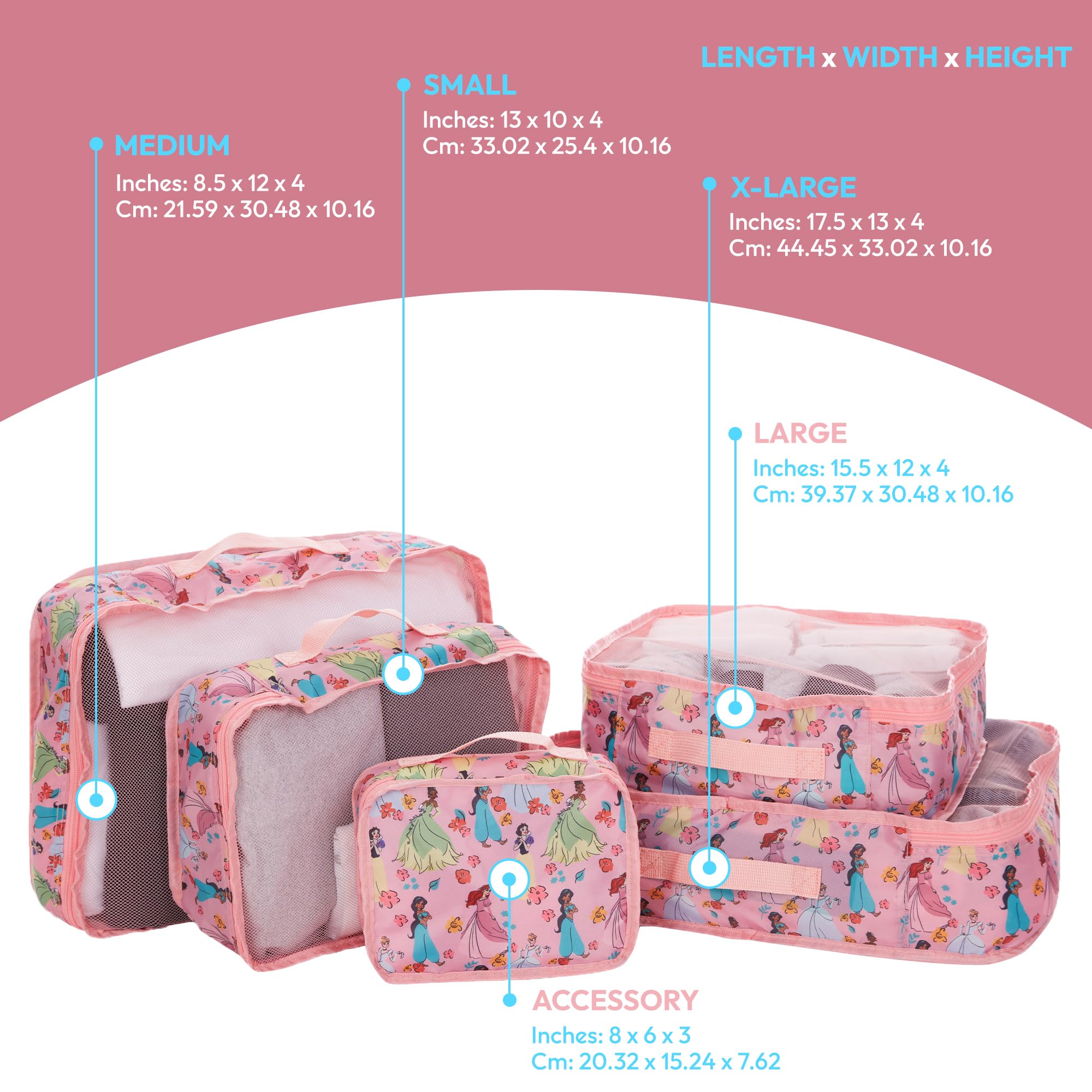 Disney Minnie Mickey Stitch - Cubos de embalaje de 5 piezas de compresión de Winnie the Pooh, Princesa Cenicienta, coches, Toy Story, esencial para viajes, juego organizador de maleta, color rosa