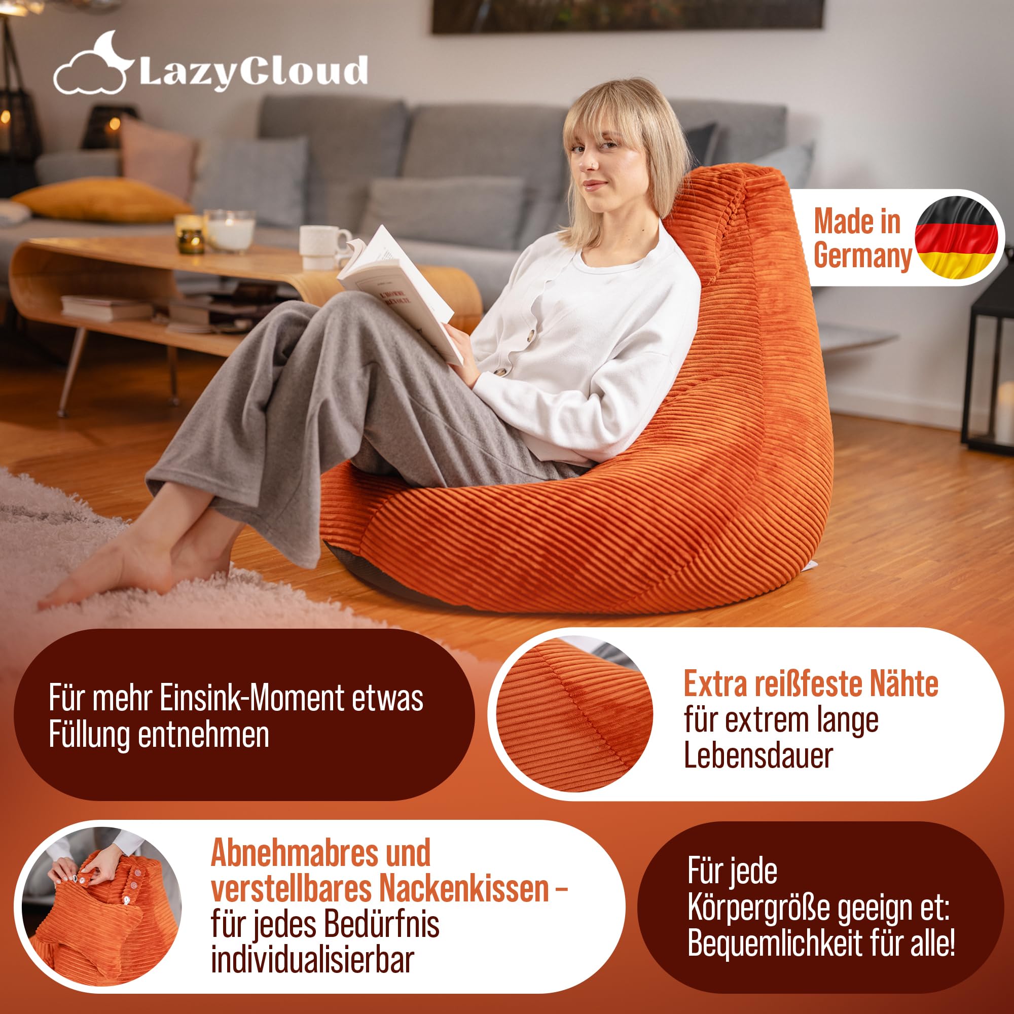 Sitzsack für Erwachsene mit integrierter [Nackenstütze] Cord | XXL Indoor Bean Bag mit Füllung | perfekt als Chill-, Lese- oder Gaming Sessel (90 x 80 x 70 cm) (Korallrot)