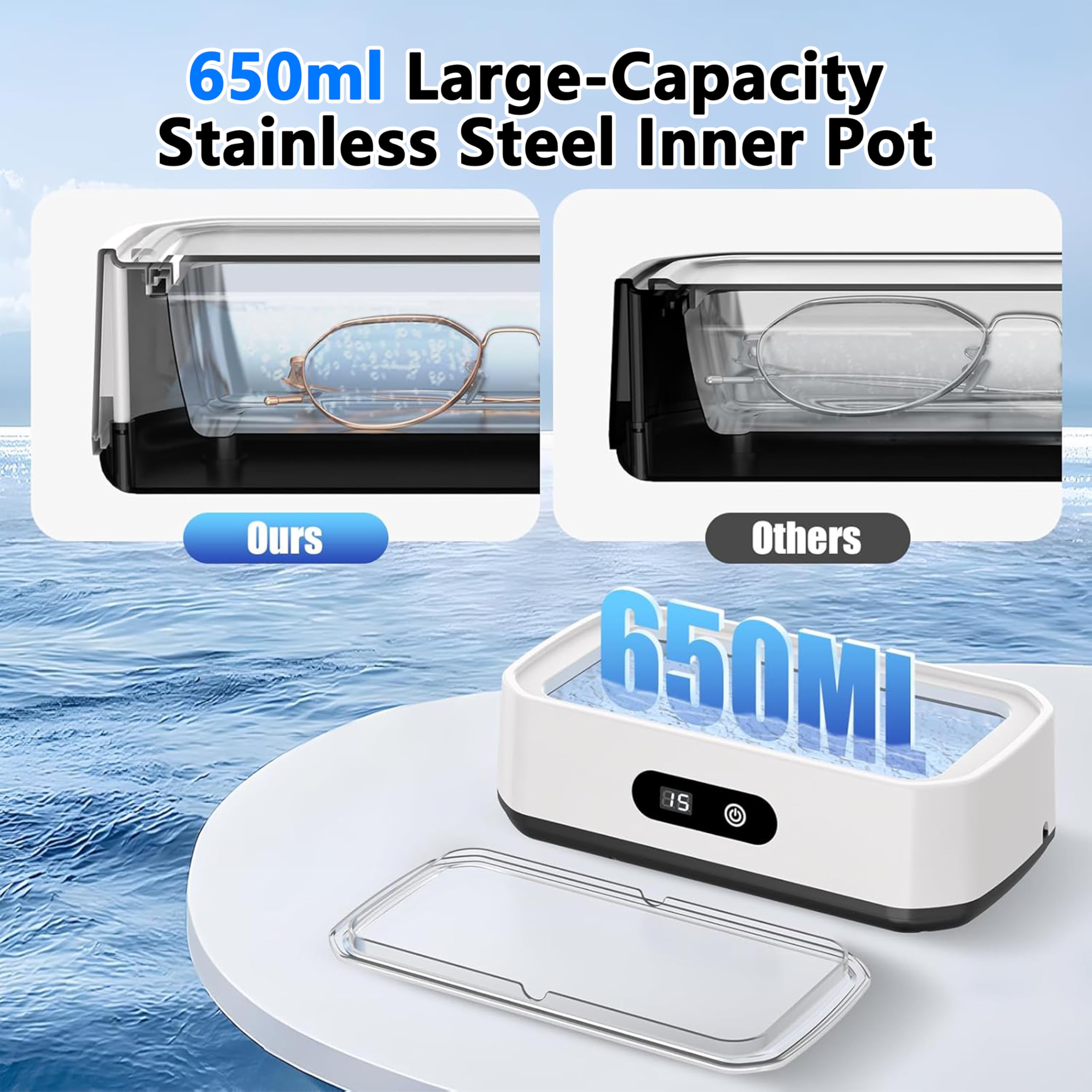 Limpiador ultrasónico de 49 kHz, gran capacidad de 650 ml, temporizador digital LED de 5 niveles, depósito interior de acero inoxidable 304, ideal para gafas, joyas, prótesis dentales, relojes