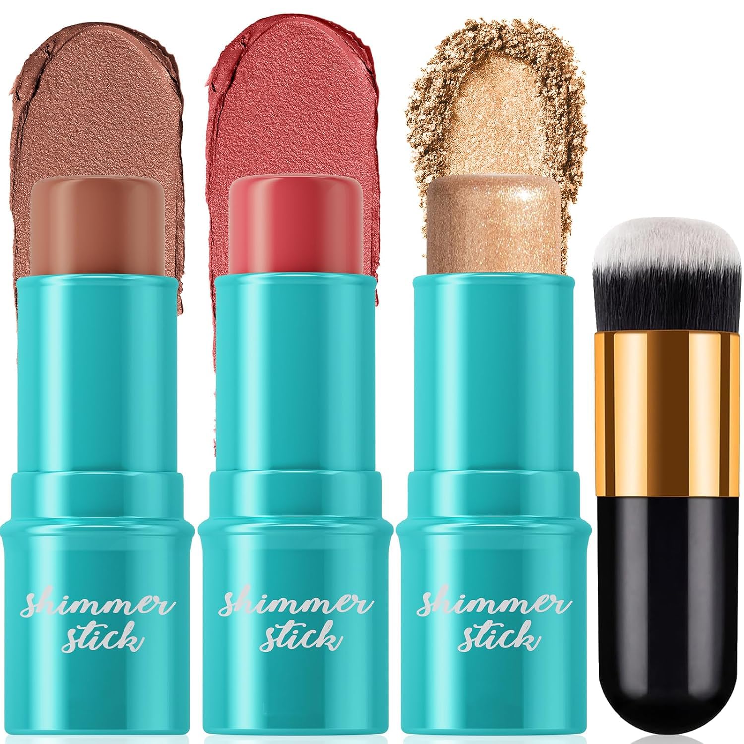 3 Pcs Cream Contour Stick Makeup Set with Makeup Brush, Shades with Natural Bronzer, Blendable Blush and Highlighter Stick for a Flawless Look, Long Lasting & Waterproof Contour Stick Makeup