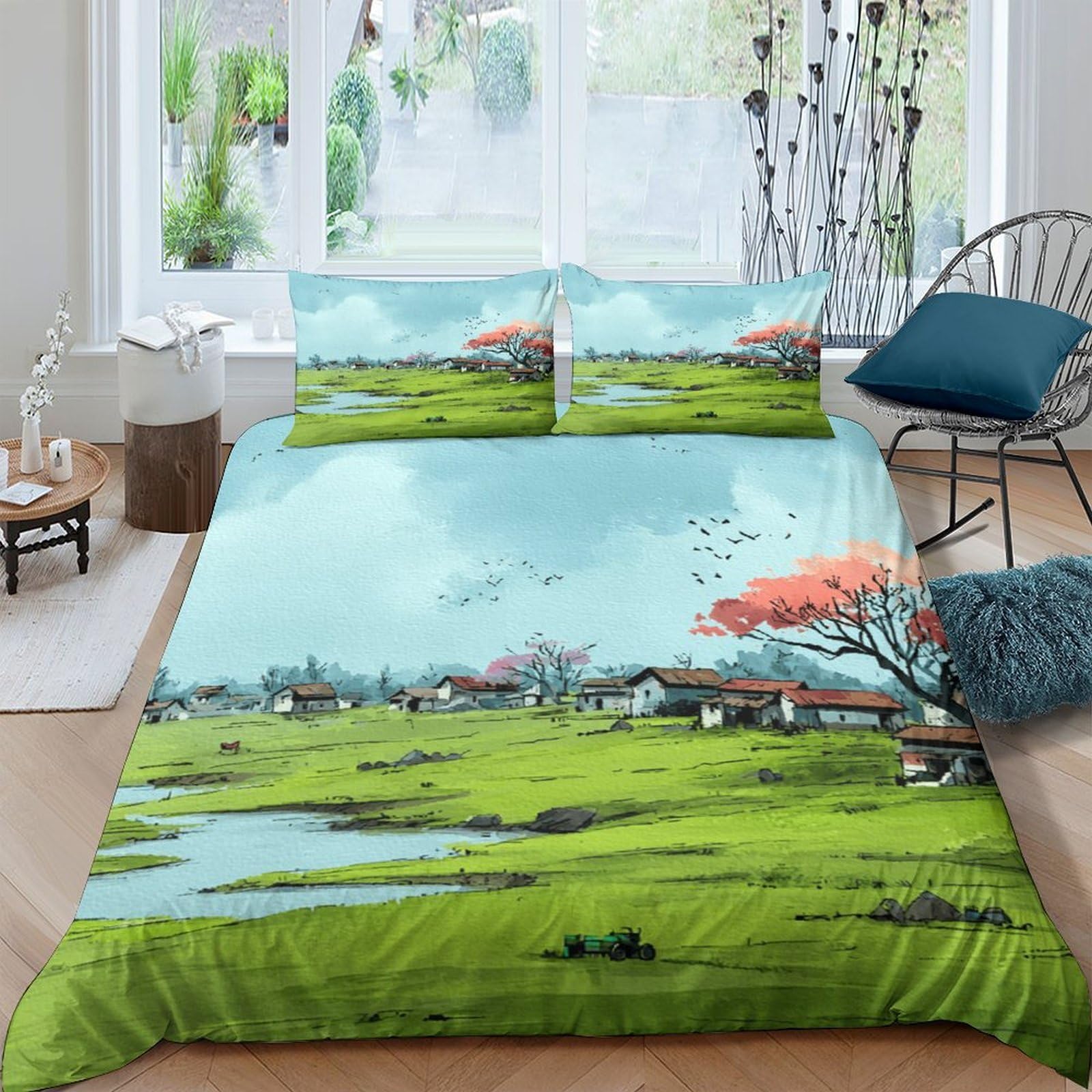 Ctjqhvkz Style-8 3D Printed Countryside Landscape Fitted Sheet Microfiber Soft Green Village Scene Bed Cover For Bedroom Guestroom Dorm Mattress Decor Single（135X200cm）