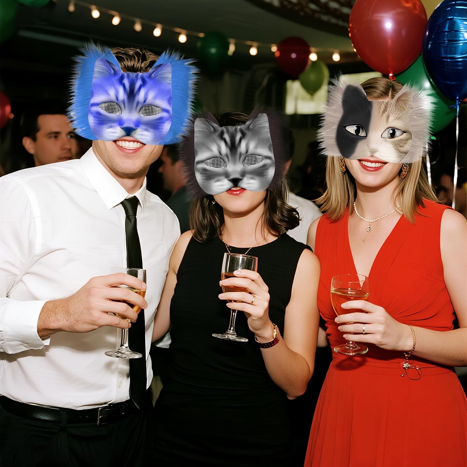 J6&H6 31 Pcs DIY Therian Mask Kit with Exclusive Ghost Stickers, Blank Cat Mask,Fabric Sheet, Faux Fur and Eye Mesh Suitable for Christmas Ghost Role-Playing Parties(Blue)