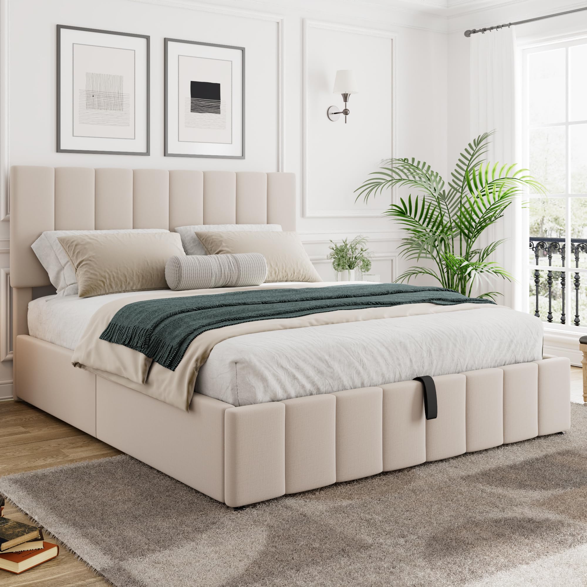 Merax Gas Lift Up Storage Platform Bed, Queen, Beige