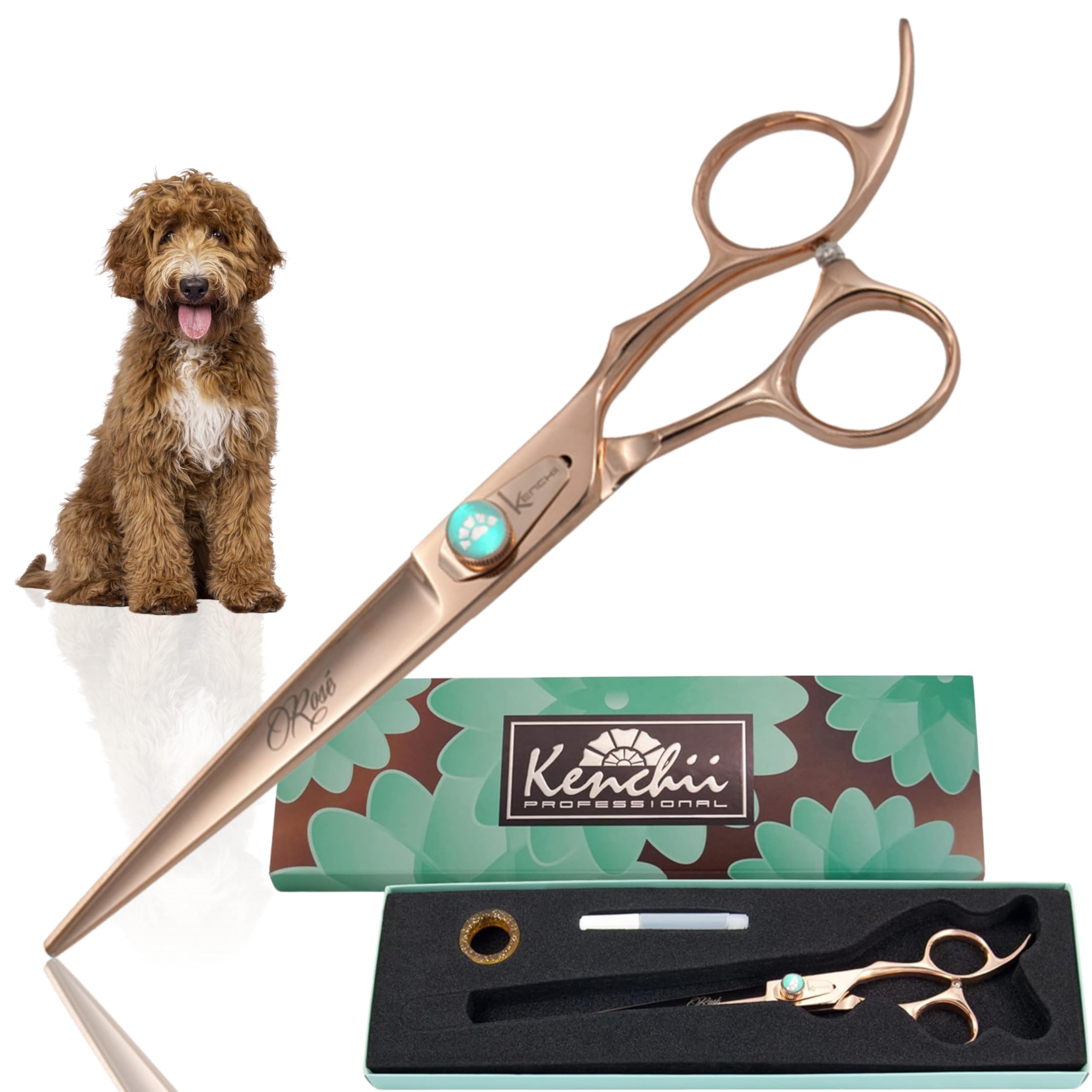 Kenchii Rose Dog Grooming Scissors, 7 Inch Straight Shears, Dog Scissors for Grooming, Ergonomic Design for Comfort and Precision, Heavy Duty, Durable and Sharp