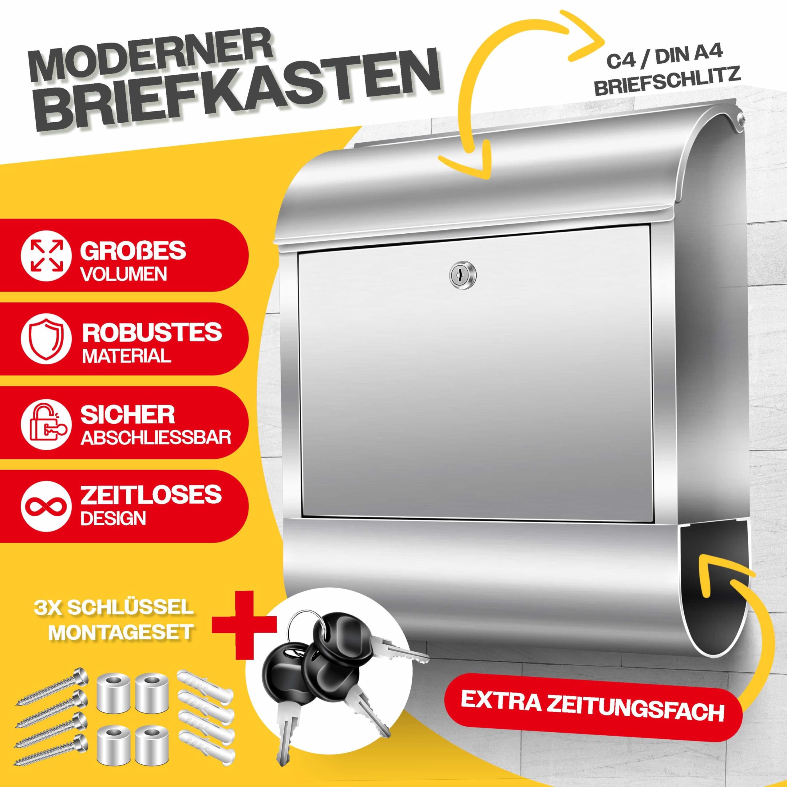 KESSER® Cassetta della Posta XXL in acciaio inox spazzolato con Scomparto per Giornali, 3x Chiudibile a chiave, Verniciata a polvere, Montaggio a parete, Ampia fessura frontale, Argento