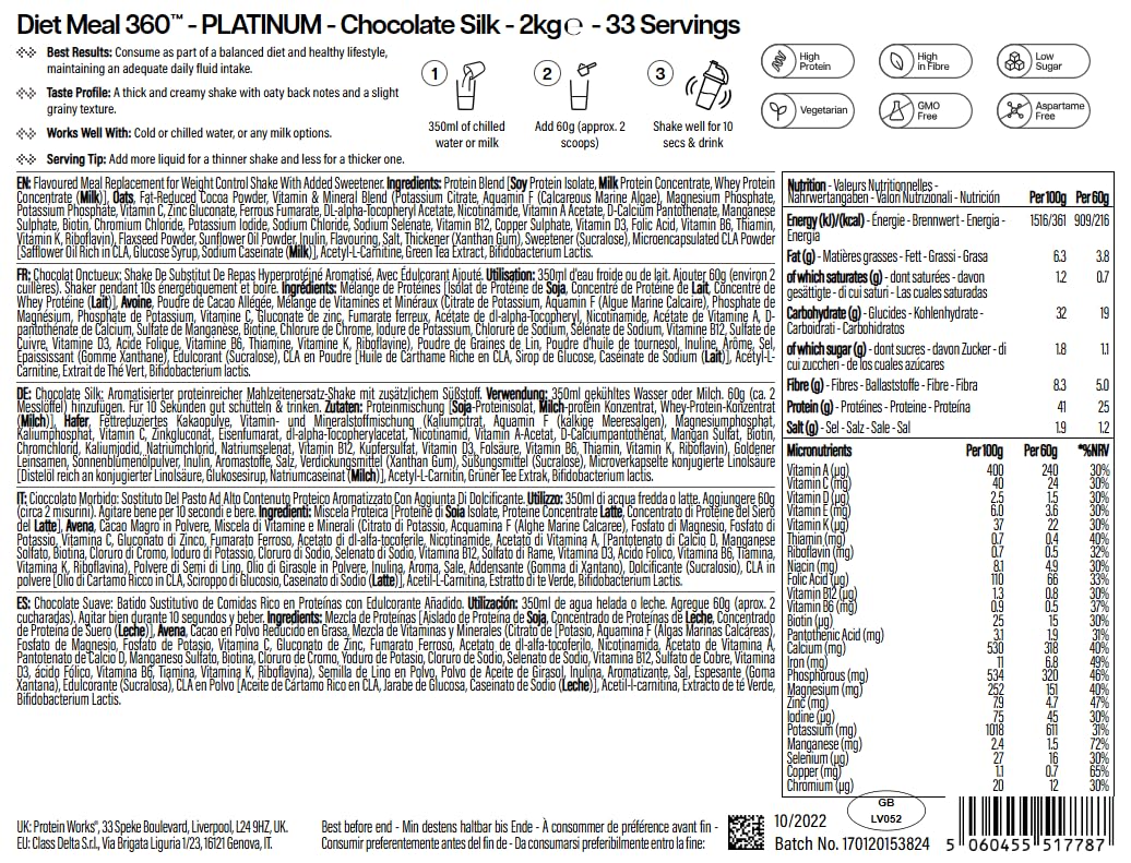 Protein Works | Diet Meal 360 – PLATINUM Innovation, Shake Sostitutivo Pasti Dietetico, Perdita Peso, 26 Vitamine & Minerali, Semi Di Lino, Inulina, Omega‑3, Cioccolato Morbido, 33 Pasti, 2kg