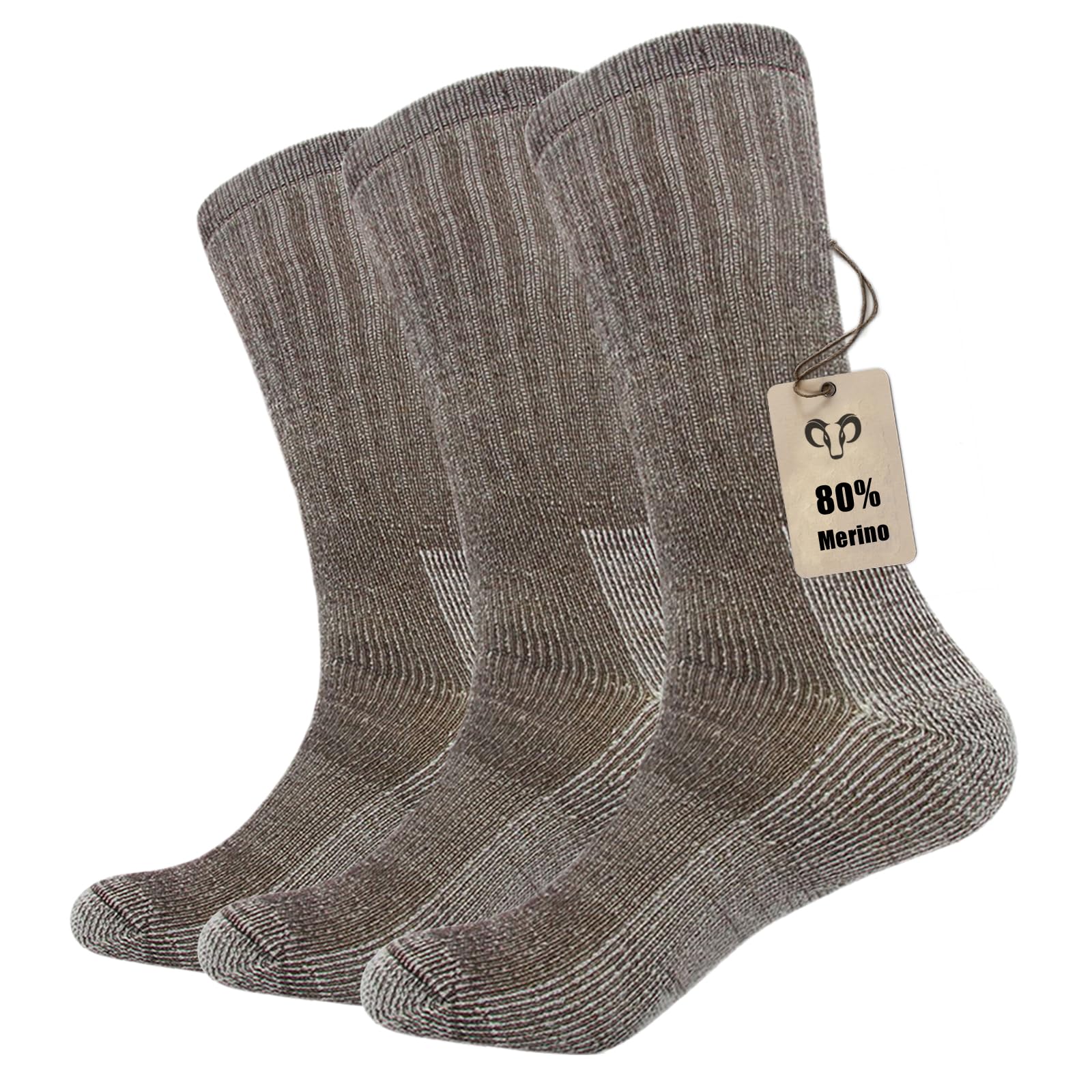 Vihir 3 Pack Men's Thermal 80% Merino Wool Hiking Calf Tube Socks Crew Sock for Skiing, Trekking, Hiking（BROWN,7.5-10.5