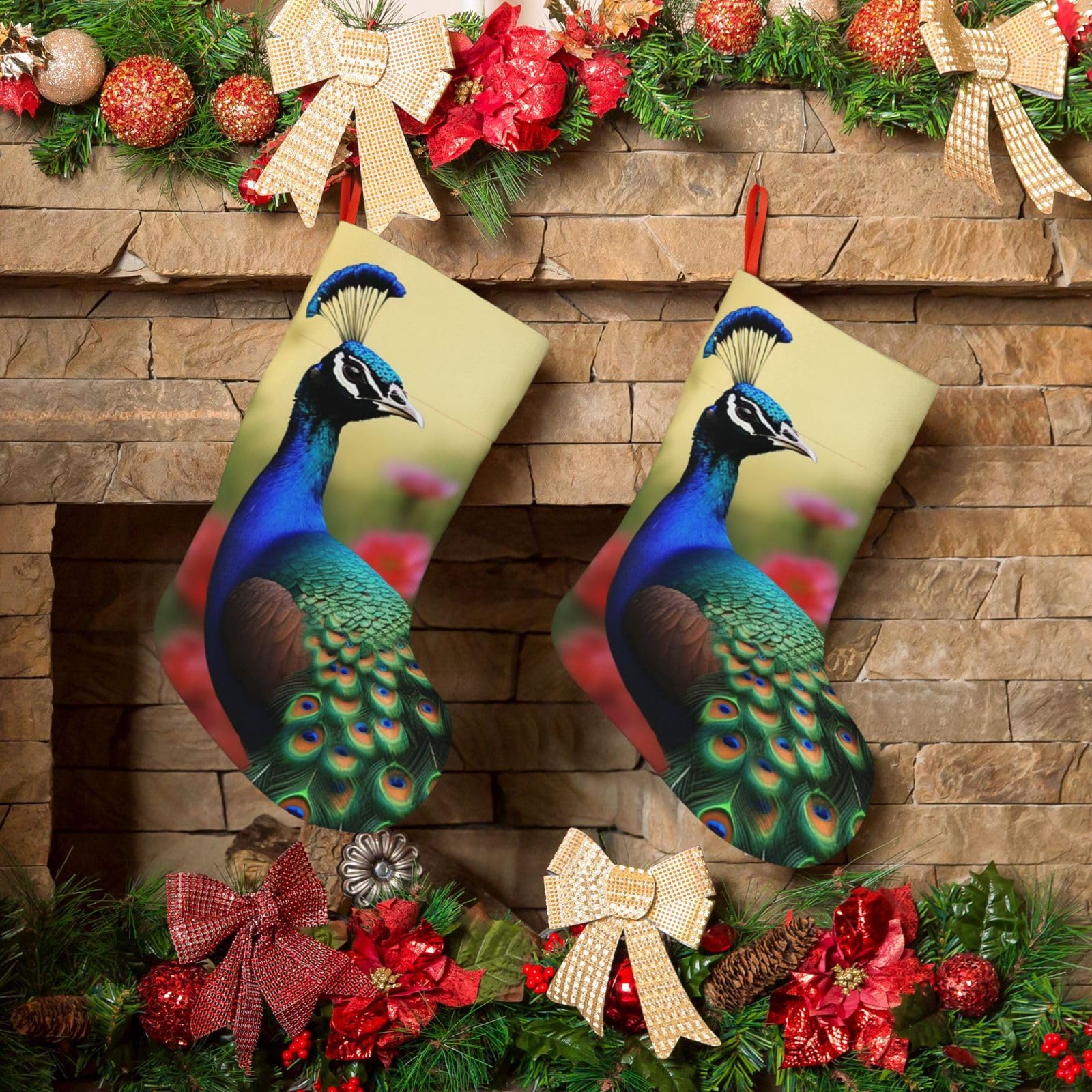 Peacock Flowers Christmas Stockings 18 Inches Velvet Xmas Fireplace Hanging Stocking Rustic Christmas Santa Stockings for Home Christmas Decorations Party Favor Supplies