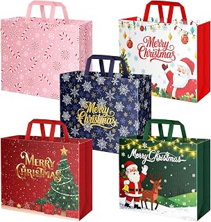 Ranfashiong 5PCS Extra Large Reusable Christmas Gift Tote Bags with Handles | Jumbo 19.7 Inch Capacity Shopping Bag, Waterproof Non-Woven Fabric, 5 Festive Xmas Patterns, Holiday Gift Wrapping Supplies