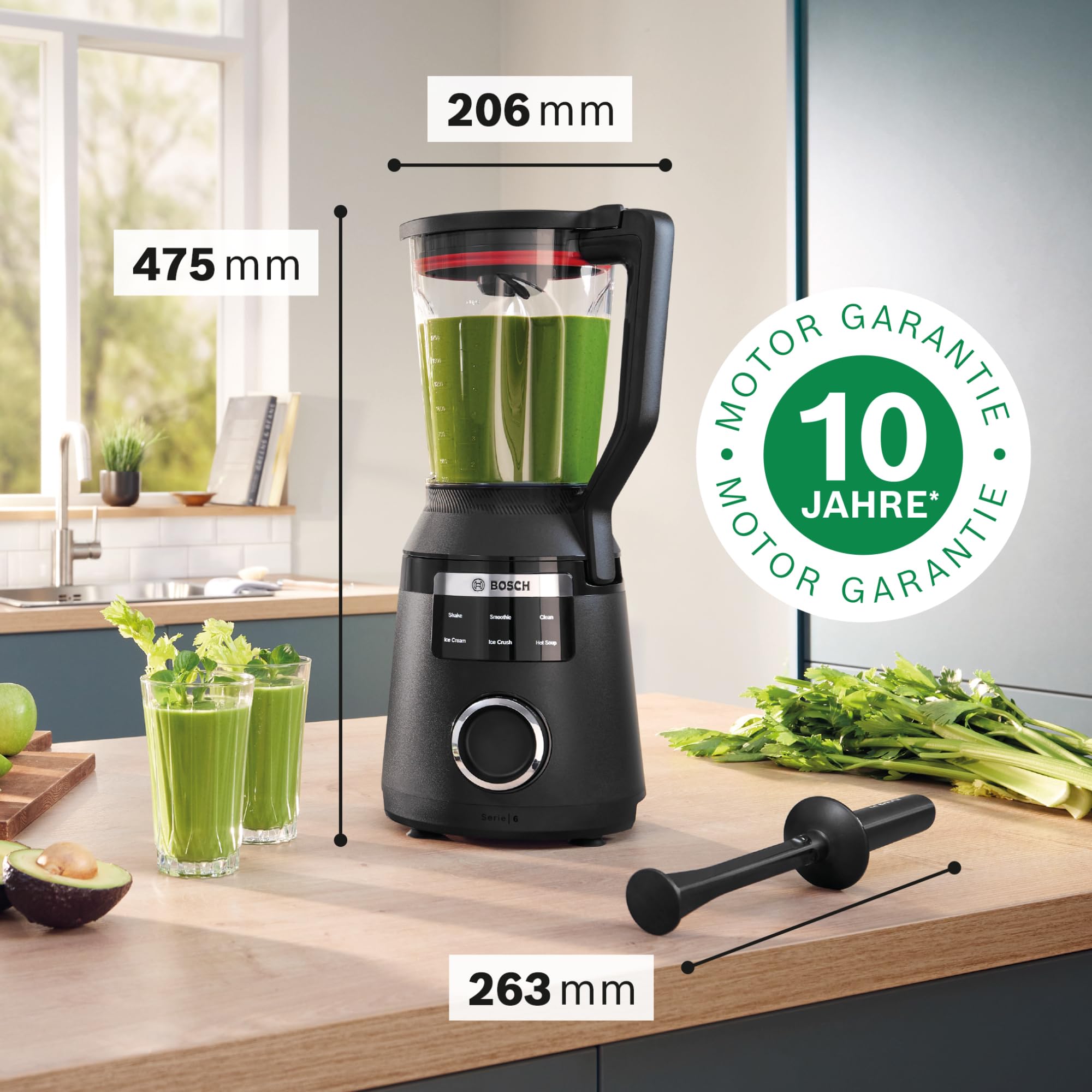 Bosch Hochleistungsmixer, Smoothie Maker, 1800W, 45.000 U-min, Programme für heiße Suppe & Reinigung, 2L, spülmaschinenfeste Teile, Made in Europe, schwarz, VitaPower Serie 6 MMB6652B