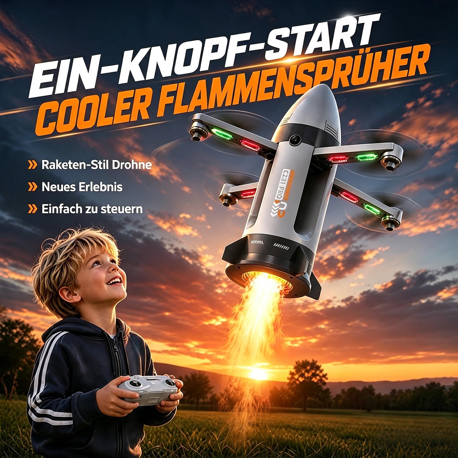 Bürstenlose Faltbare RC Drohne mit Raketen-Sprühfunktion, LED-Licht Kamera Drohne für Erwachsene Kinder, 4-Achsen-Flugzeug mit Höhenhaltung, Fernsteuerung Raumfahrt Flugzeug für Outdoor (Grau)