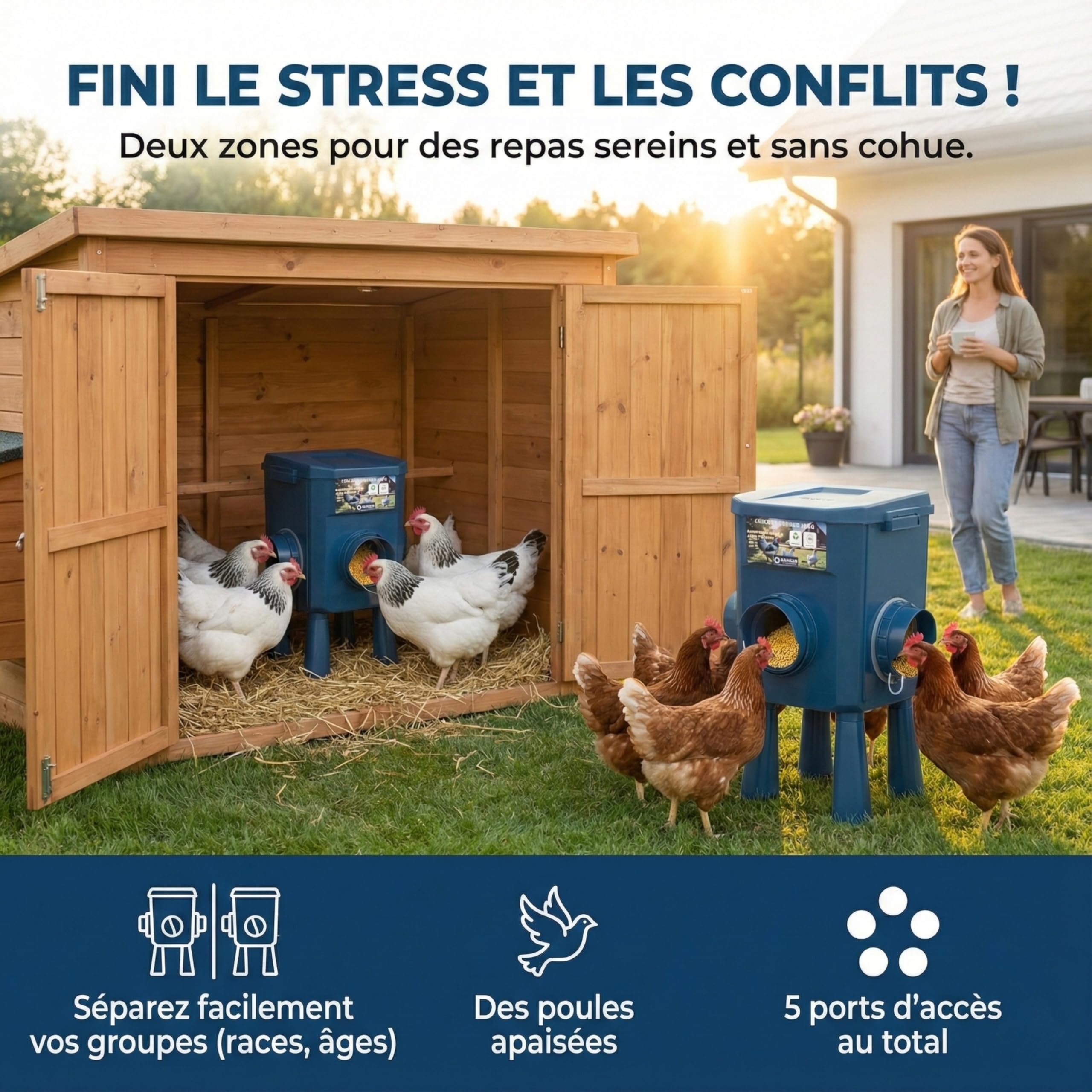 Kit 2 Mangeoires Poules 12KG/8KG – Anti-gaspillage, 5 Ports Anti-Nuisibles, Multi-Enclos, Fini Les Conflits, Capot Anti-Pluie, Ideal Microfermes et Élevages Amateurs, Matériaux Résistants