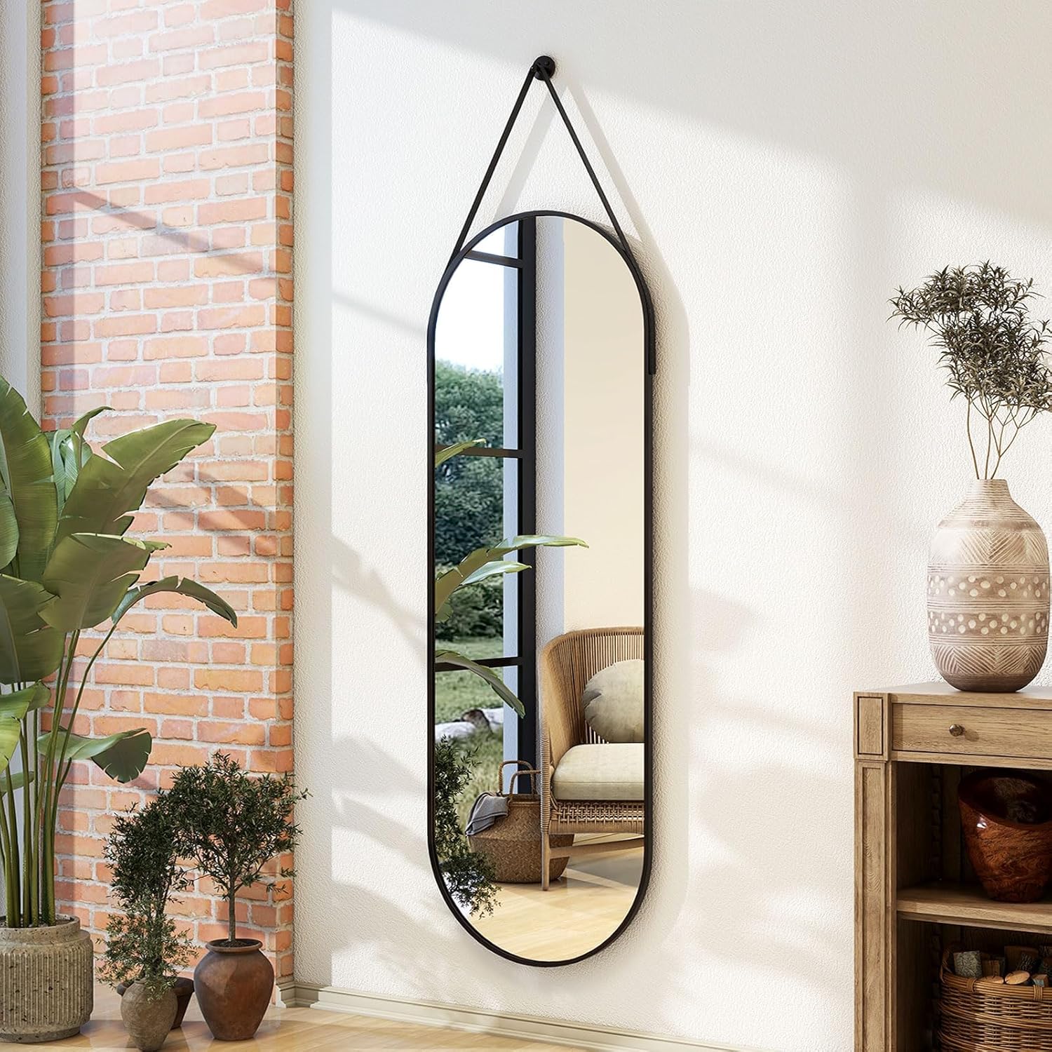 16''x48'' Full Length Mirror, Modern Oval Door Mirror Full Length with Hanging Leather Cord, Wall Mounted Mirror with Hanging Leather Strap for Bathroom Vanity Living Room Bedroom Entrance，Black