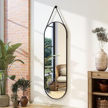 16x48 Full Length Mirror, Modern Oval Door Mirror Full Length with Hanging Leather Cord, Wall Mounted Mirror with Hanging Leather Strap for Bathroom Vanity Living Room Bedroom Entrance,Black