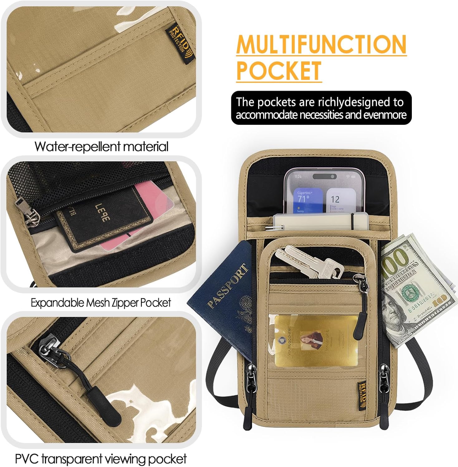 Travel Neck Wallet RFID Blocking – Hidden Passport Holder & Anti-Theft Money Pouch for Men & Women, Lightweight Concealed Undergarment Organizer with Adjustable Strap, Secure Document Holder - Image 5