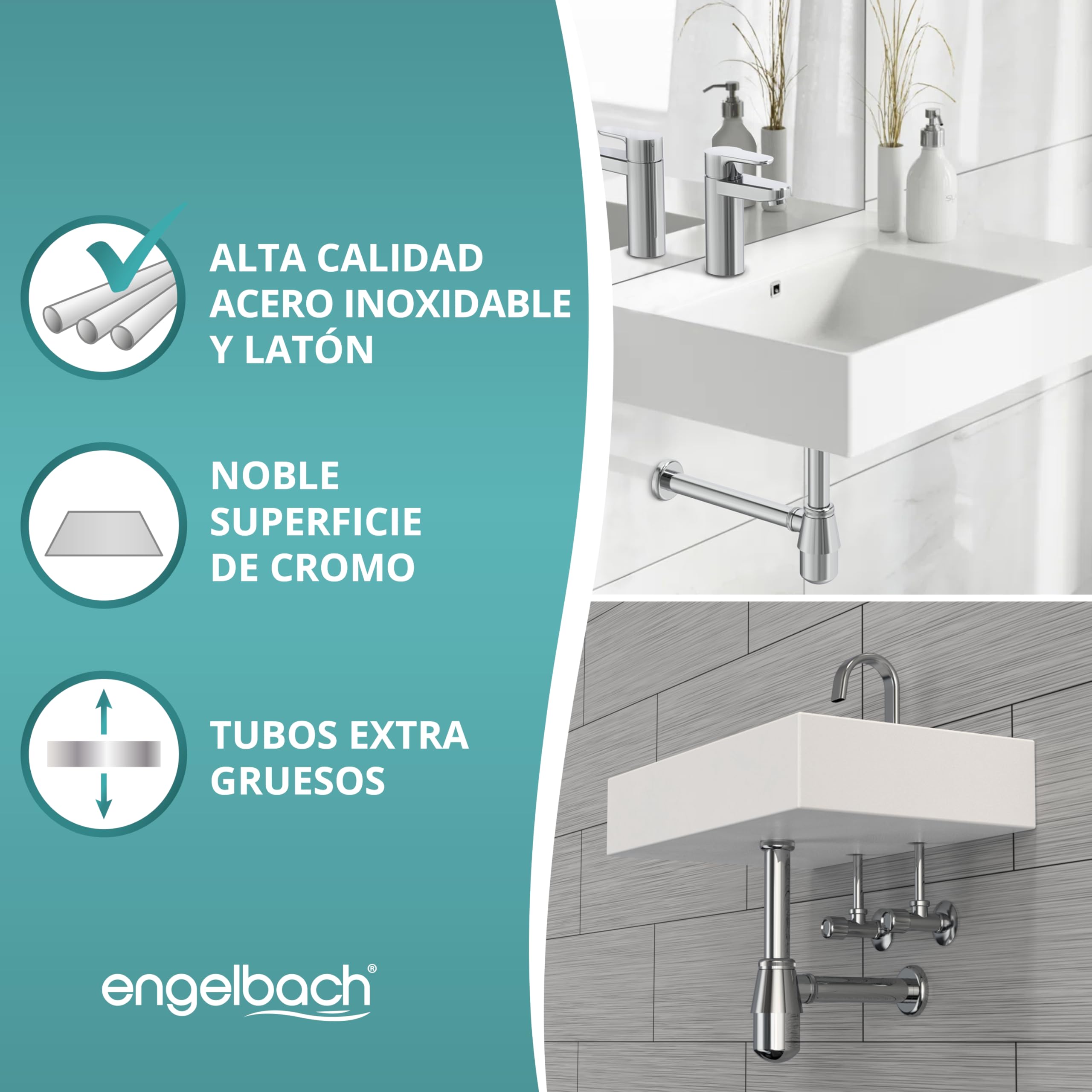 Engelbach® sifón lavabo - Tapa bote sifónico - Sifón universal flexible, desagüe lavabo cromado 1 1/4" - Bote sifónico antiolores, tubo desagüe lavabo y tapa con válvula