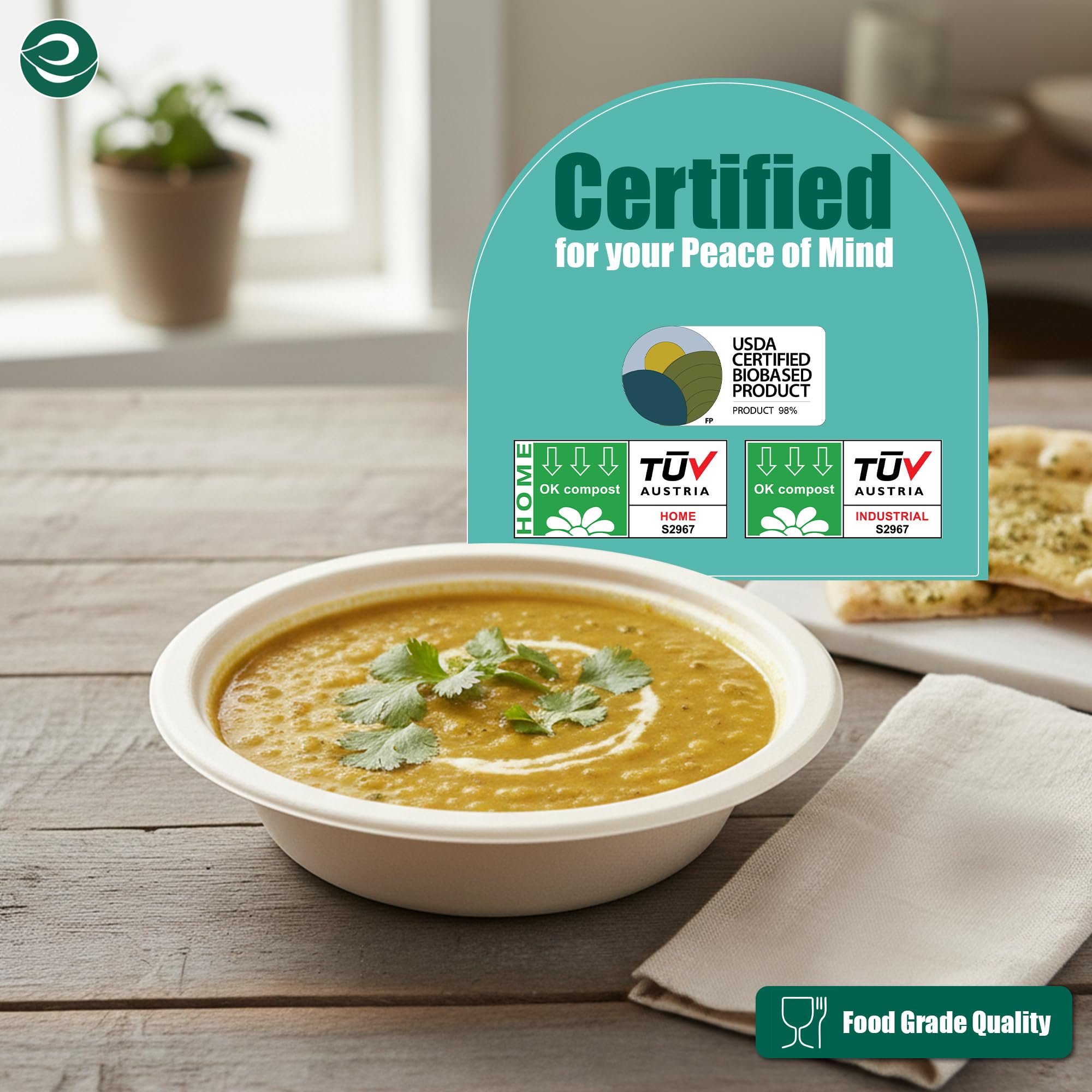 ECO SOUL 100% kompostowalne miski do zupy 470 ml [50 sztuk] jednorazowe solidne miski I wytrzymała miska papierowa ekologiczna miska do sałatek I biodegradowalne małe miski
