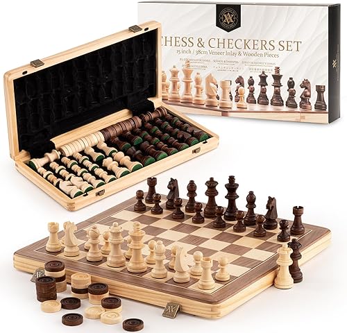 Miniatura 5 de A&A Juego de ajedrez y damas plegables de madera de 15 pulgadas con piezas de ajedrez Staunton de altura King de 3 pulgadas, 2 reinas adicionales,