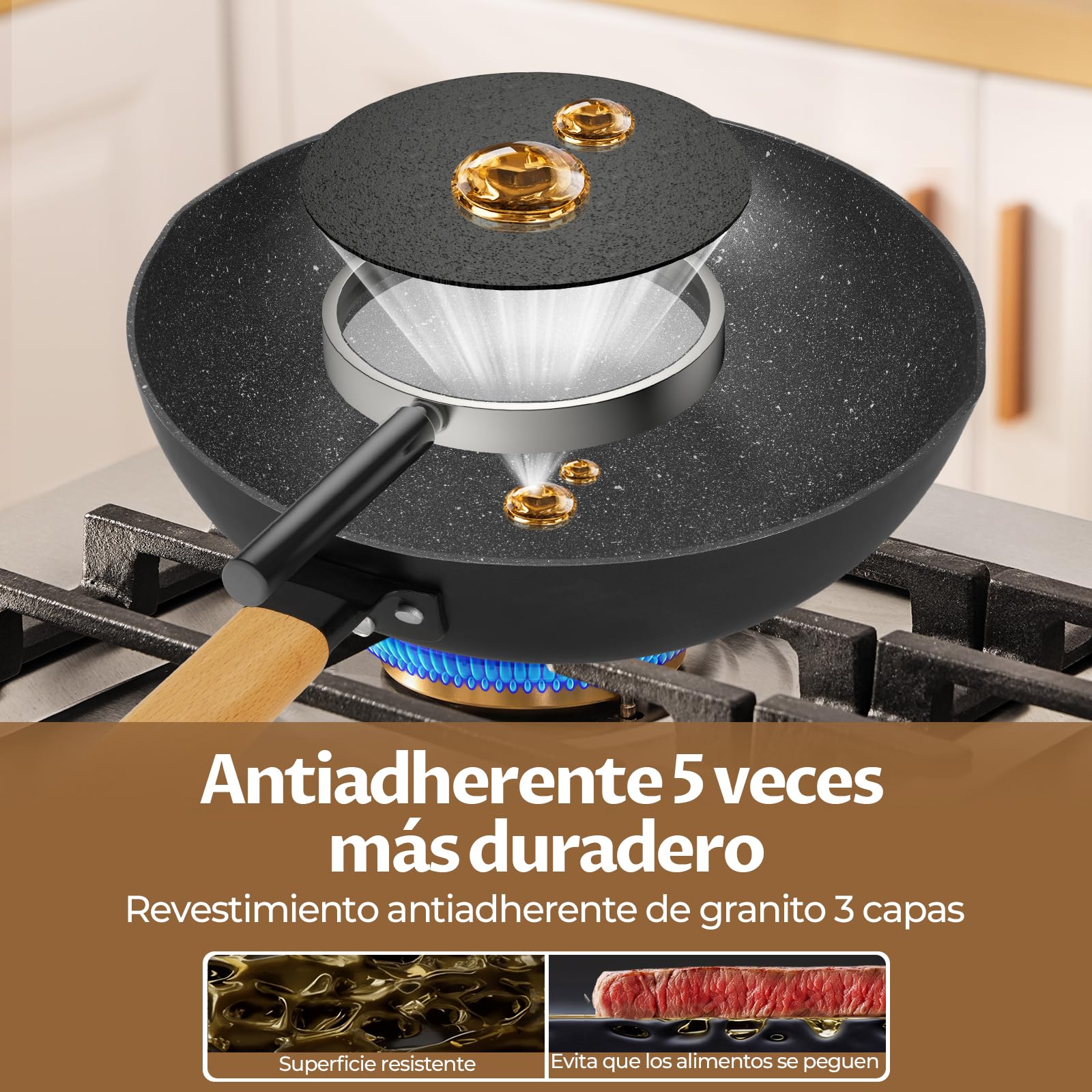 BEZIA Wok de inducción con tapa, sartén antiadherente de 30 cm