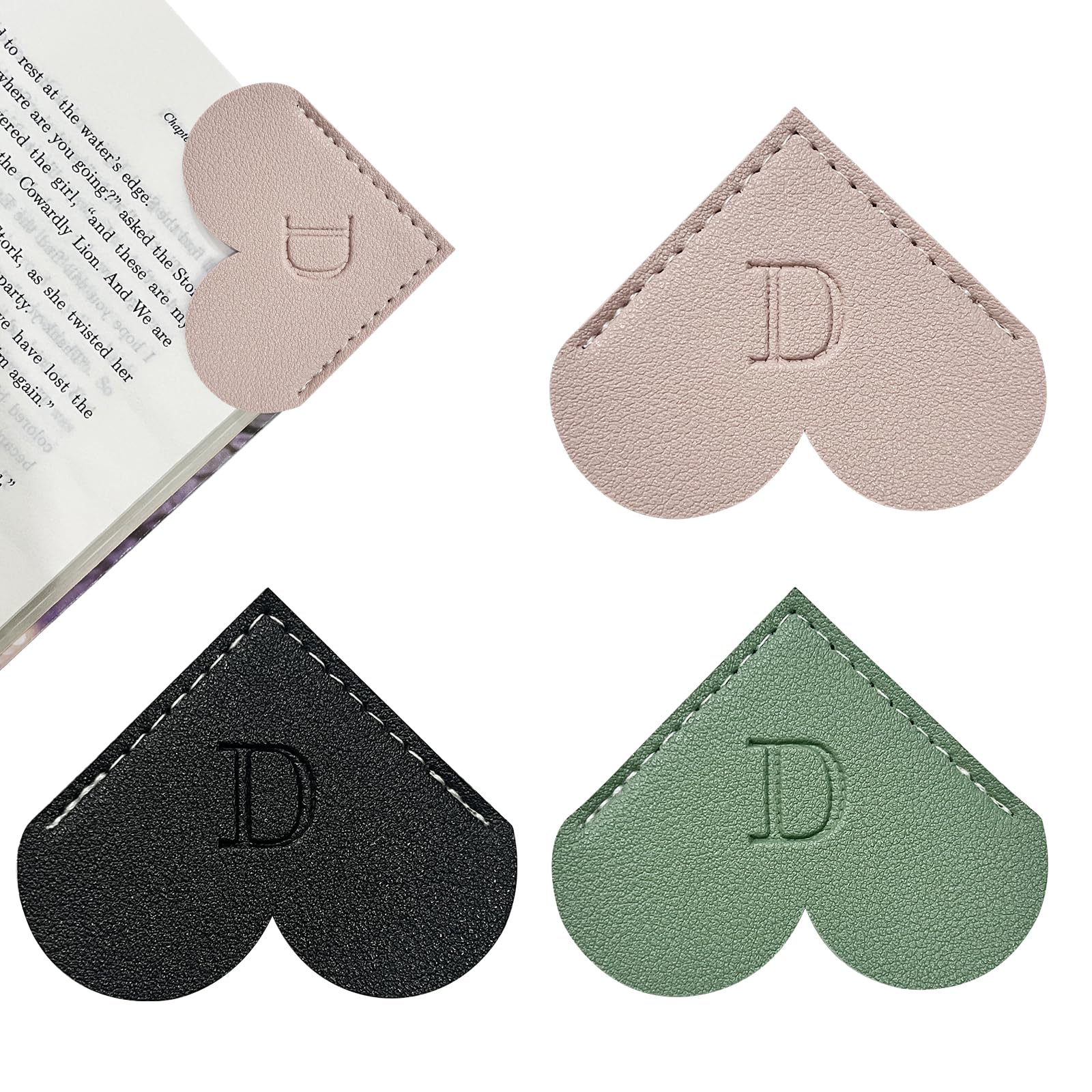 3Pack Personalized Leather Heart Bookmark with A-Z Initial, Letters Customized Corner Book Mark for Reading Women Men, Teacher, Student, Book Lovers,