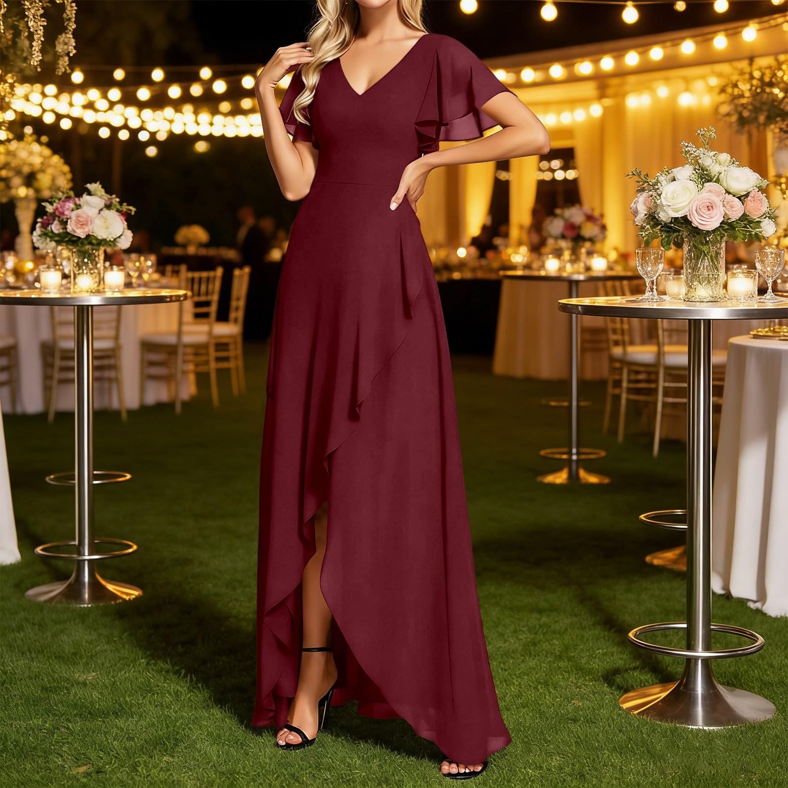 Abito estivo da donna, in chiffon, girocollo, lunghezza al ginocchio, abito da sera, corto, linea A, per il tempo libero, elegante, mini abito da festa