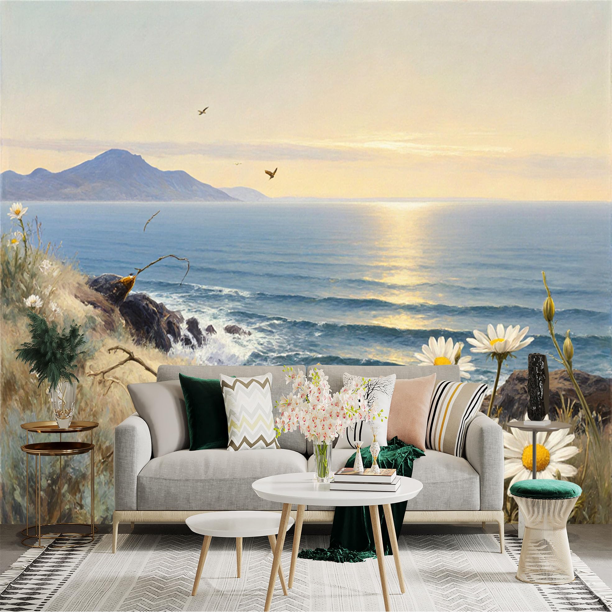 Custom Size Wall Sticker Mural， Coastal Sunset with Ocean Waves， Daisies and Seaside Landscape， for wall Decoration， peelandstick wall Decals.