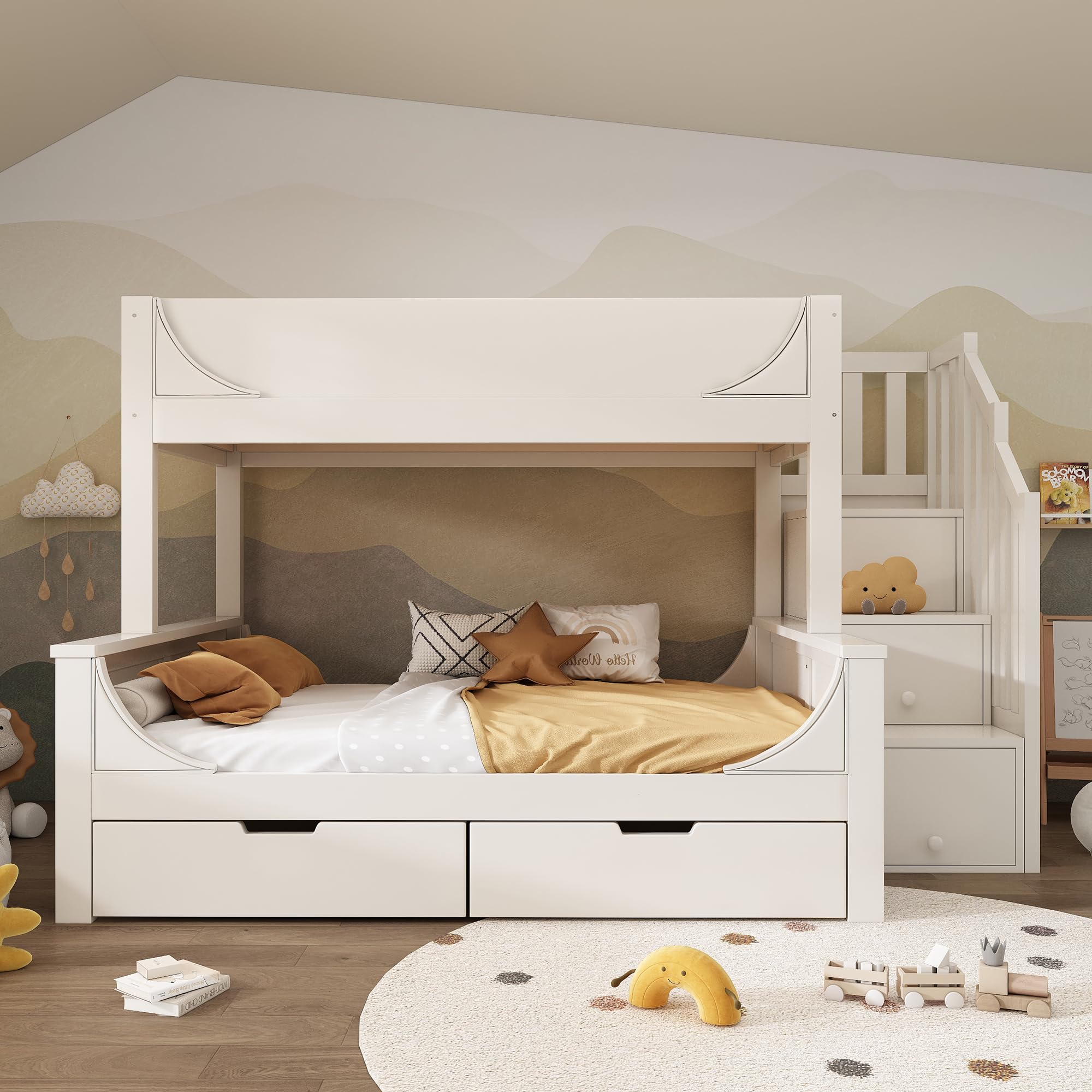 Merax Lit superposé pour enfant avec armoire échelle et tiroirs, lit mezzanine en bois peu encombrant pour 3 enfants, 90 x 200 et 140 x 200 cm, avec protection anti-chute et sommier à lattes, blanc
