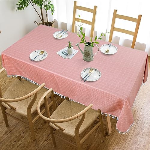 Miniatura 4 de ShinyBeauty Mantel rectangular de lino rústico a cuadros a prueba de arrugas, a prueba de polvo, 55 x 72 pulgadas, borde de borla bordado rubor para